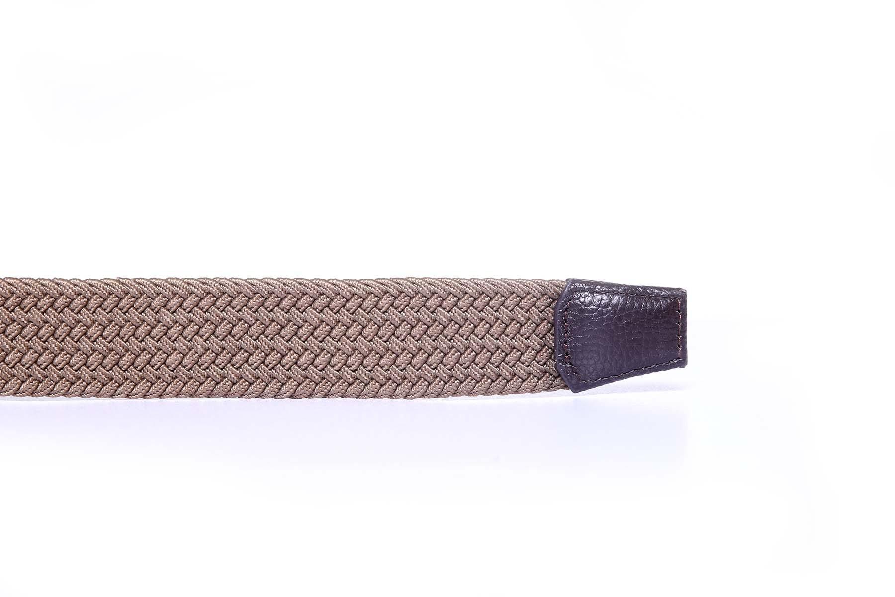 Casual belt end: braided woven strap with dark leather keeper tab