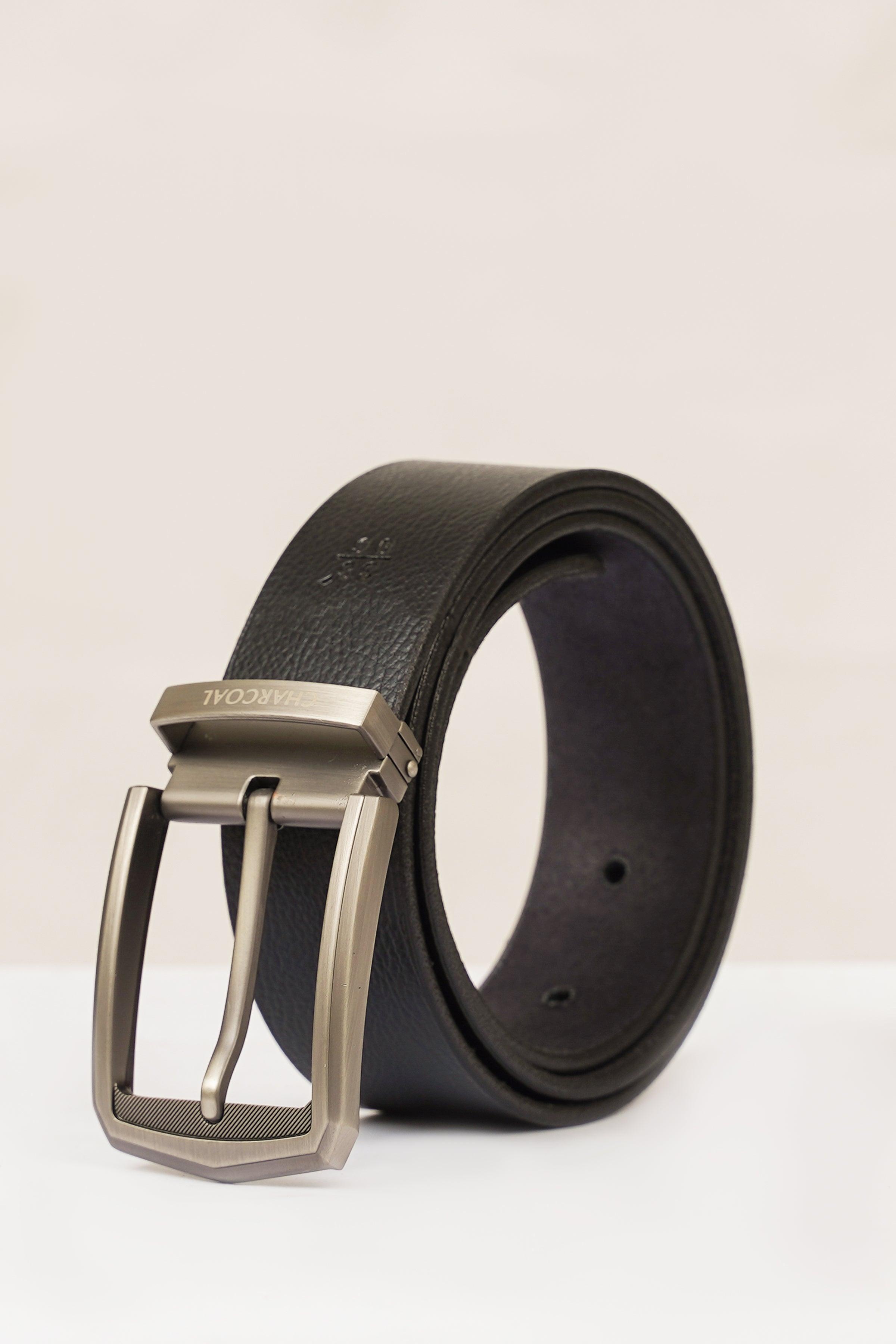 Dark leather casual belt with silver rectangular buckle and prong, shown at angle