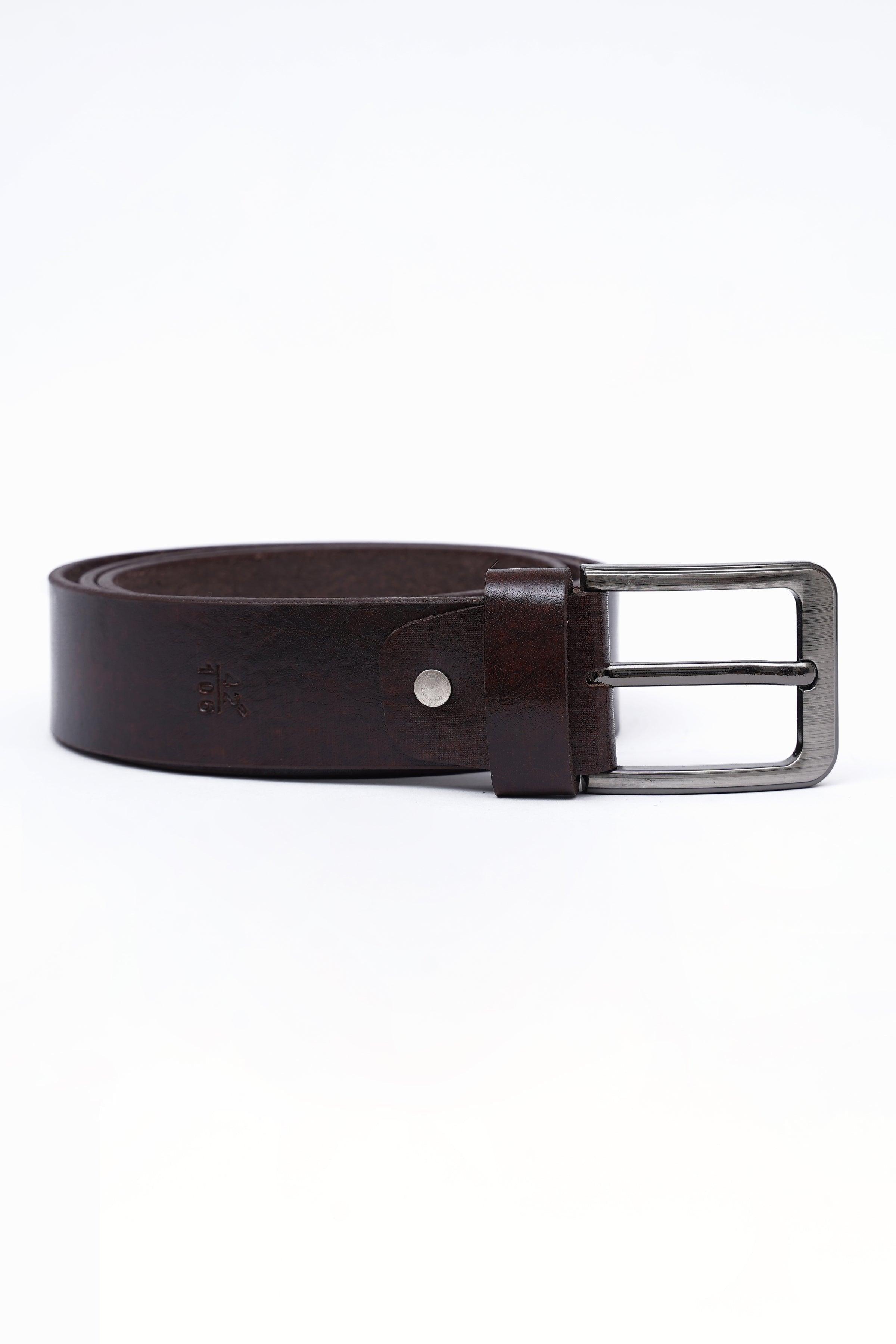 Dark brown leather belt with rectangular silver buckle and keeper loop