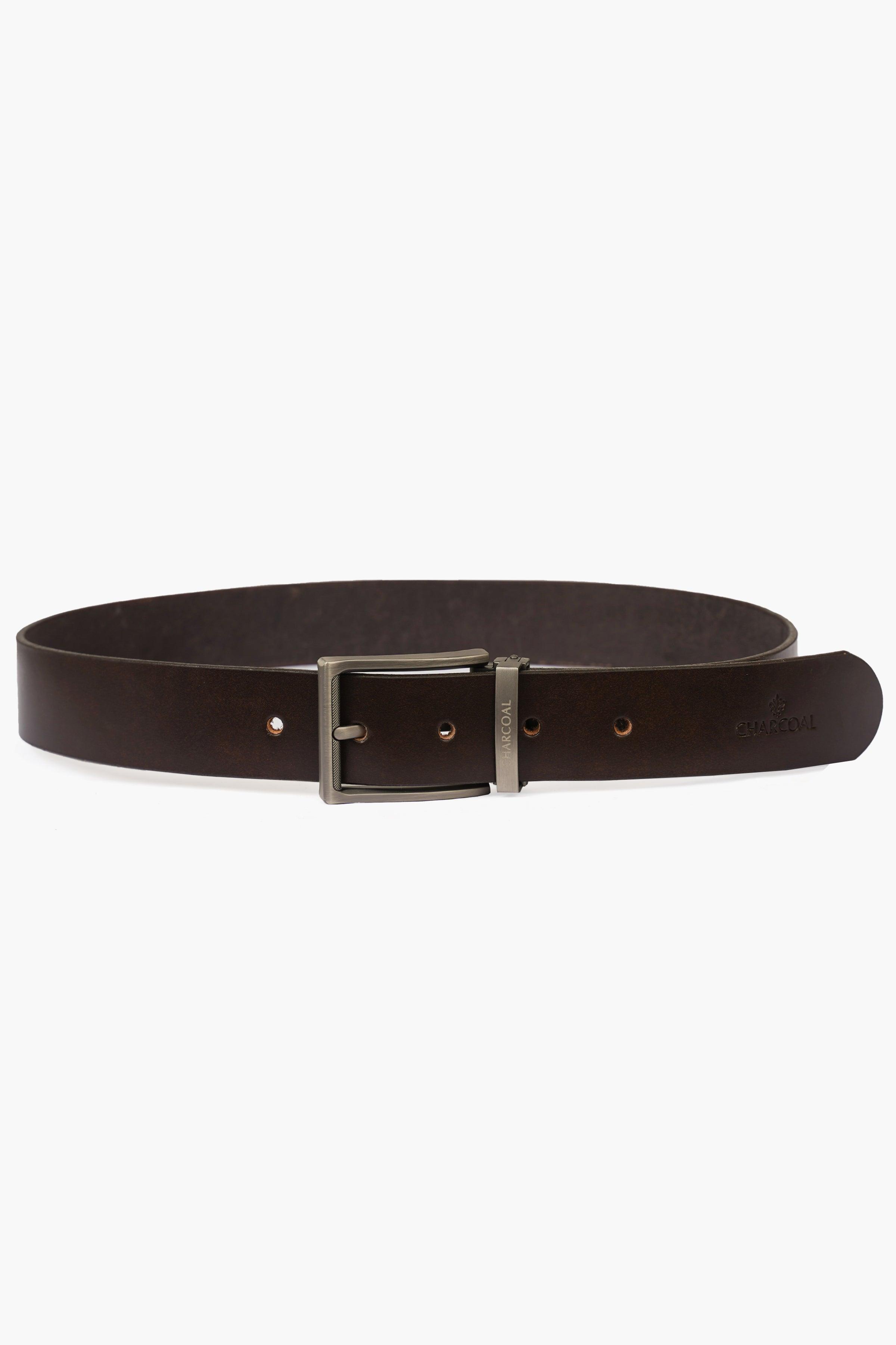 Dark brown leather belt with square pin buckle and multiple adjustment holes