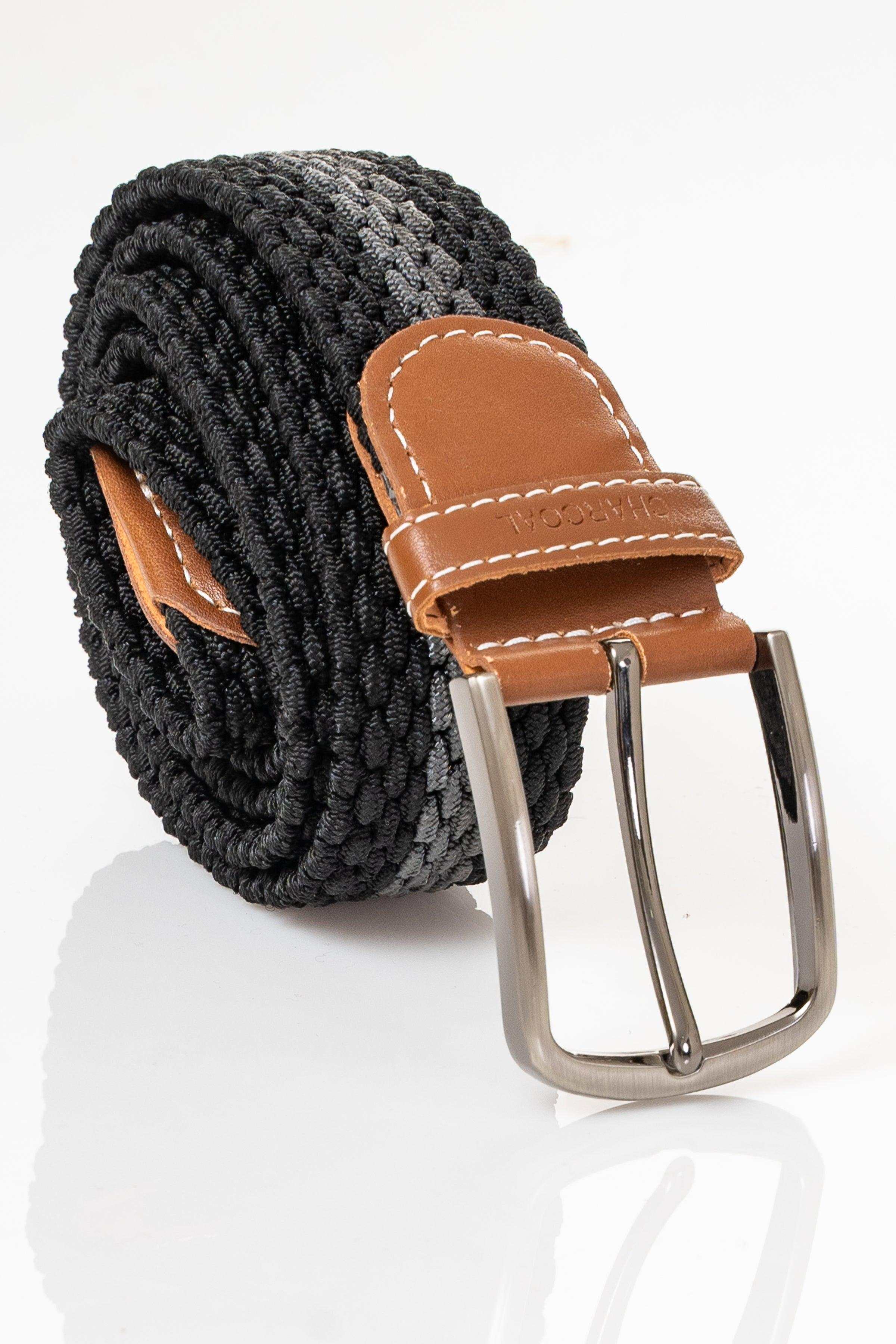 Braided casual belt with tan leather keeper and end, silver buckle, black webbing