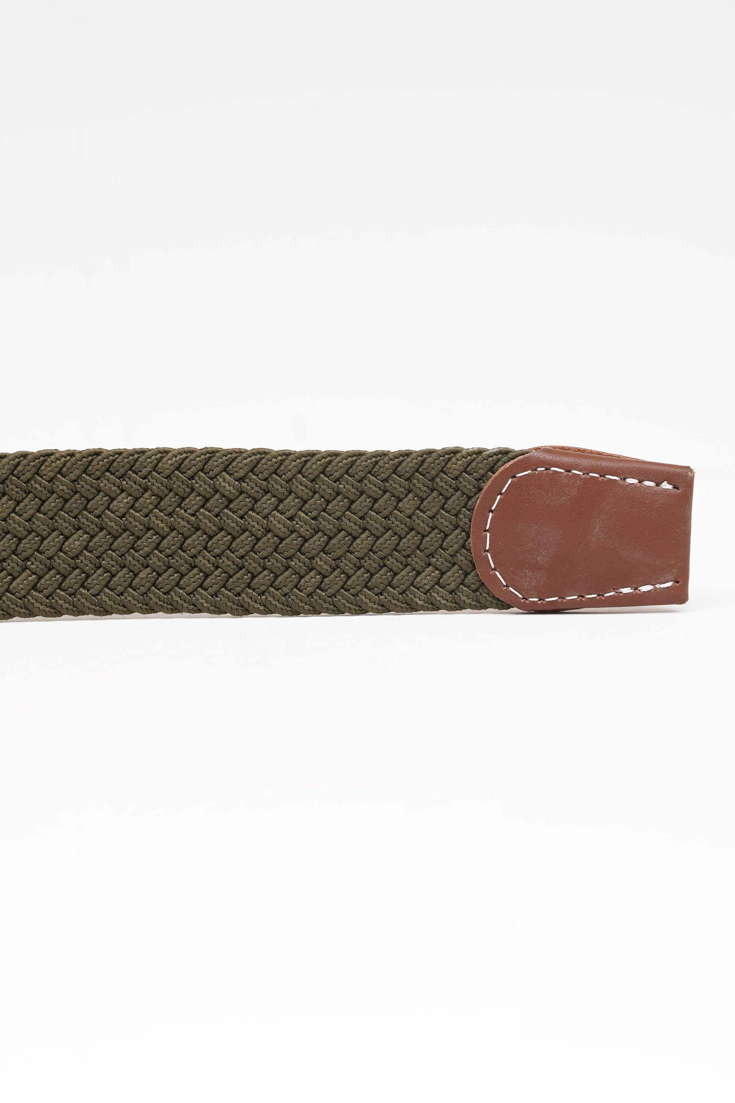 Woven belt in olive green with brown leather end tab and stitched edges