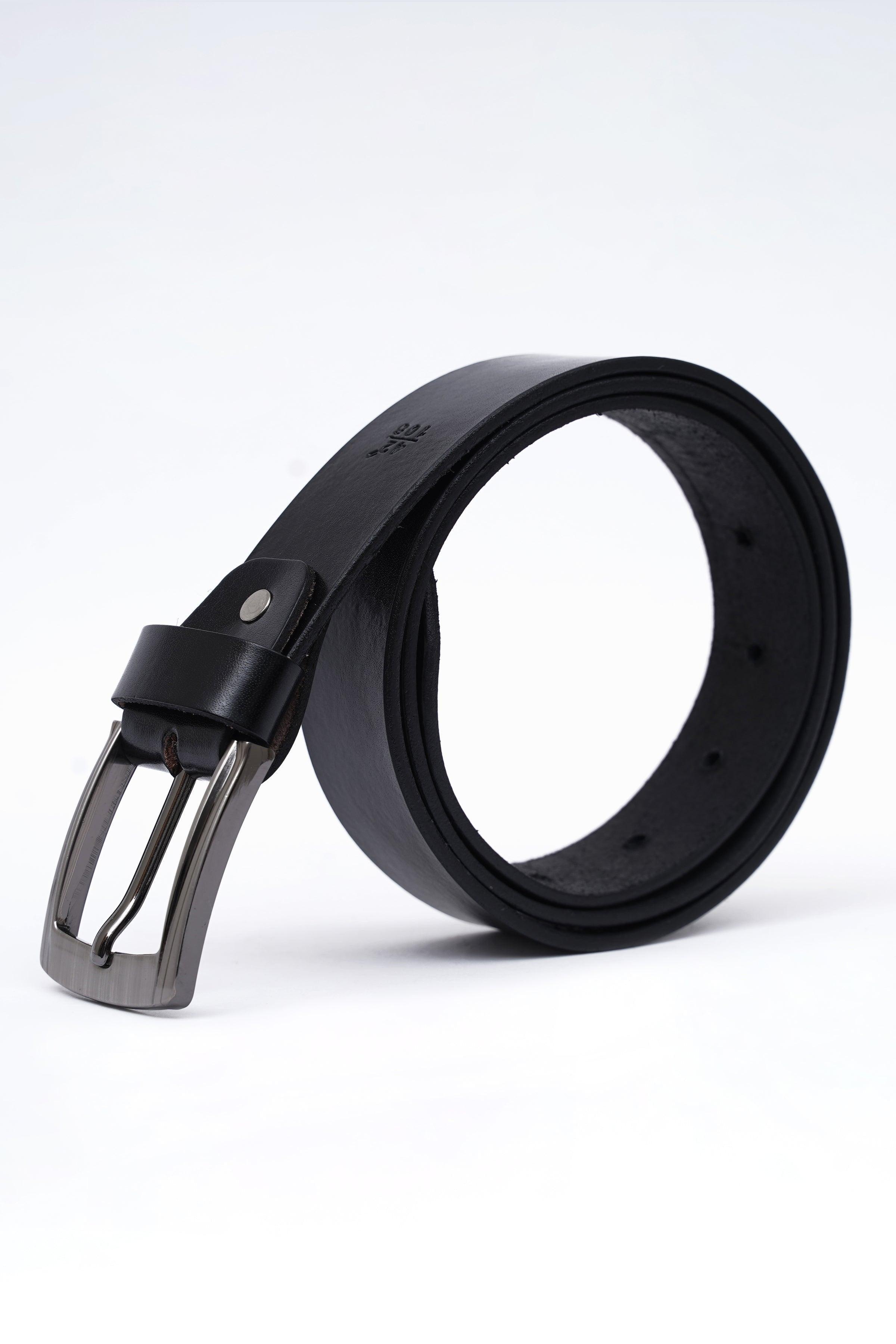Black casual belt with rectangular metal buckle and keeper loop