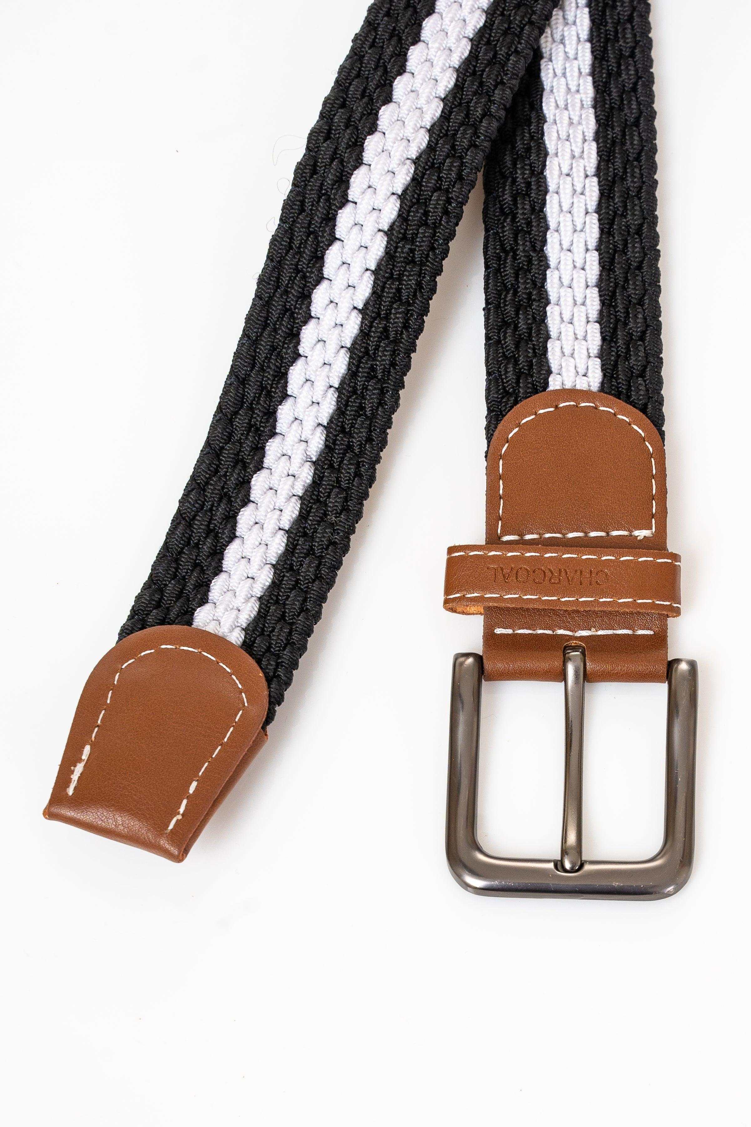 Braided belt with black-and-white stripes and brown leather tabs with silver buckle