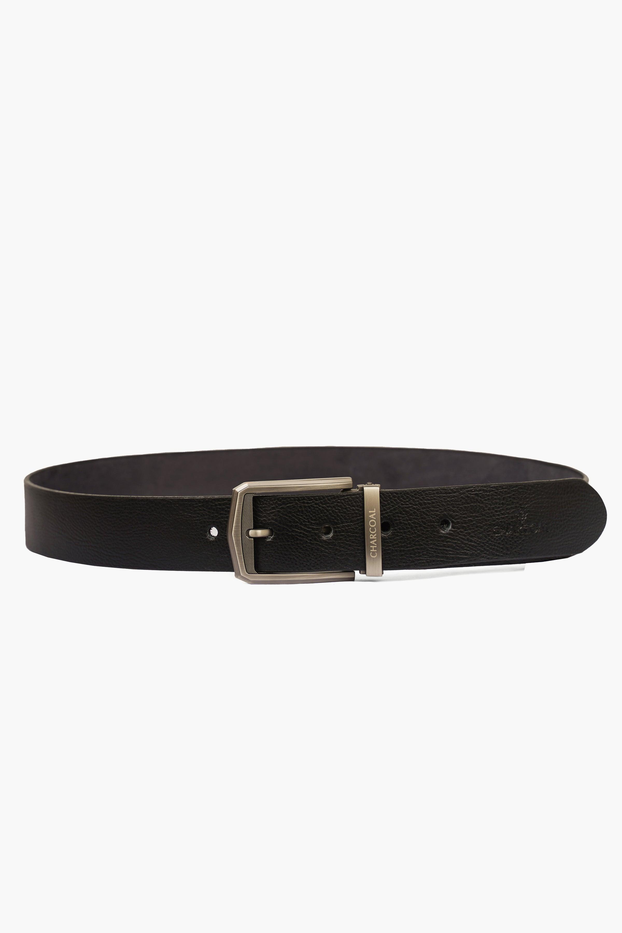 Dark leather casual belt with square silver buckle, multiple adjustment holes visible