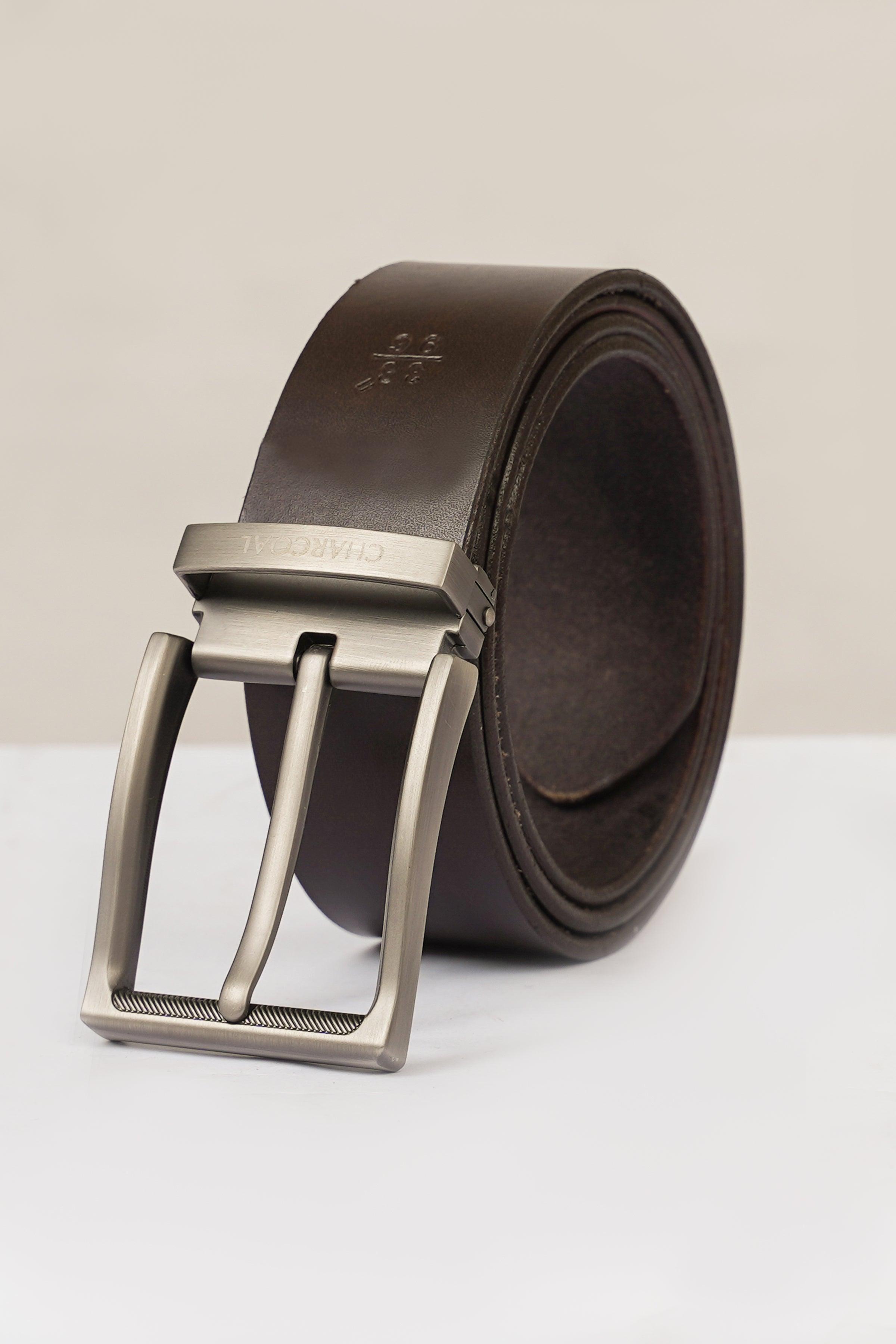 Dark brown leather belt with brushed metal buckle and stitched edge