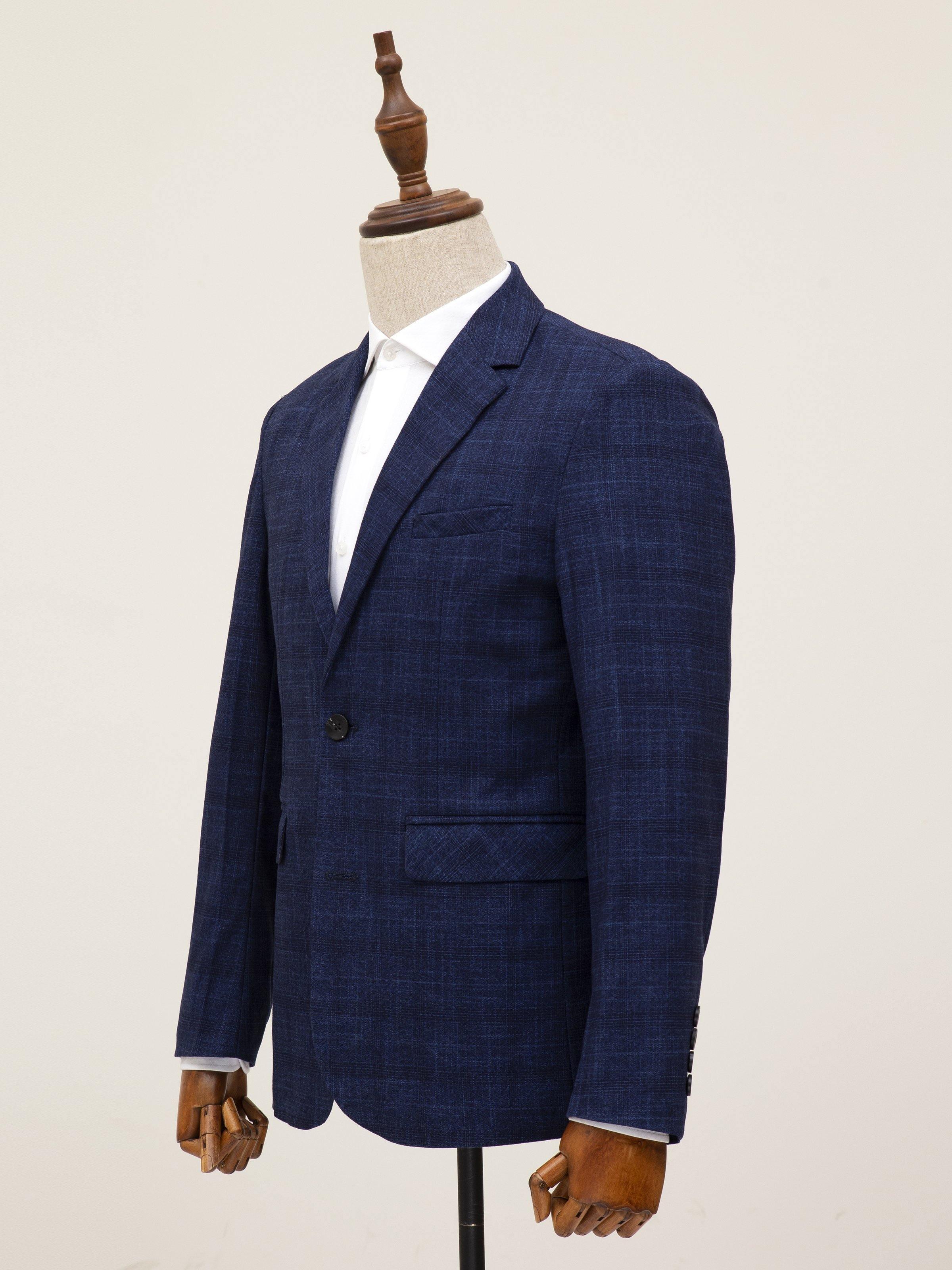 Blue two-button casual coat front view with notched lapels and single breasted closure