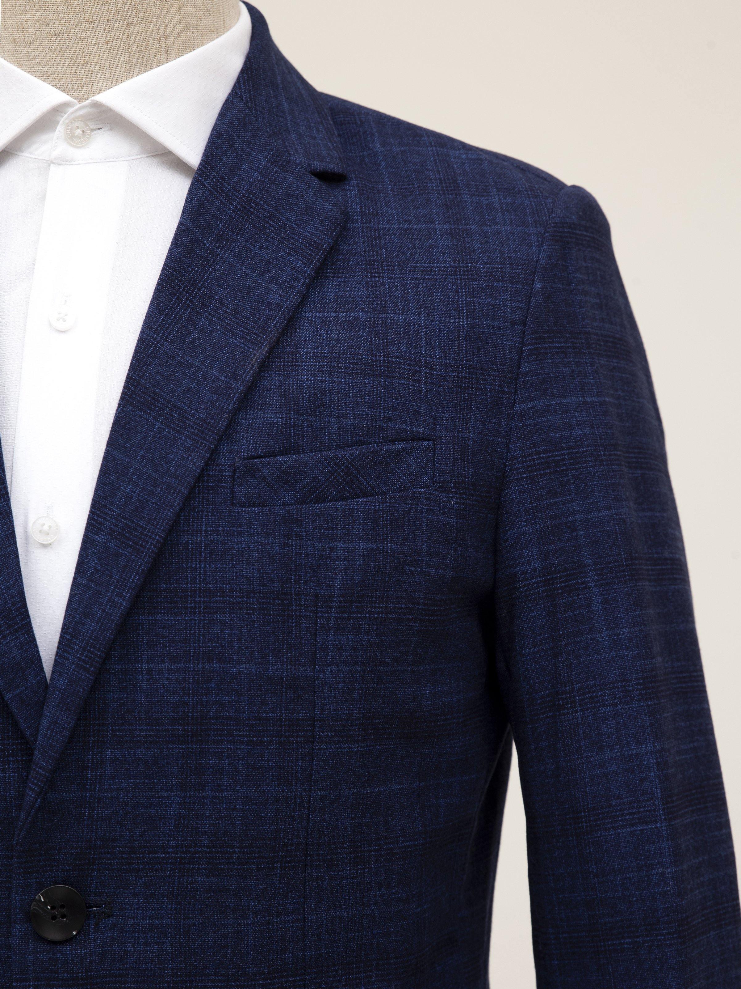 Blue two-button casual coat with textured fabric, notched lapel, and chest pocket