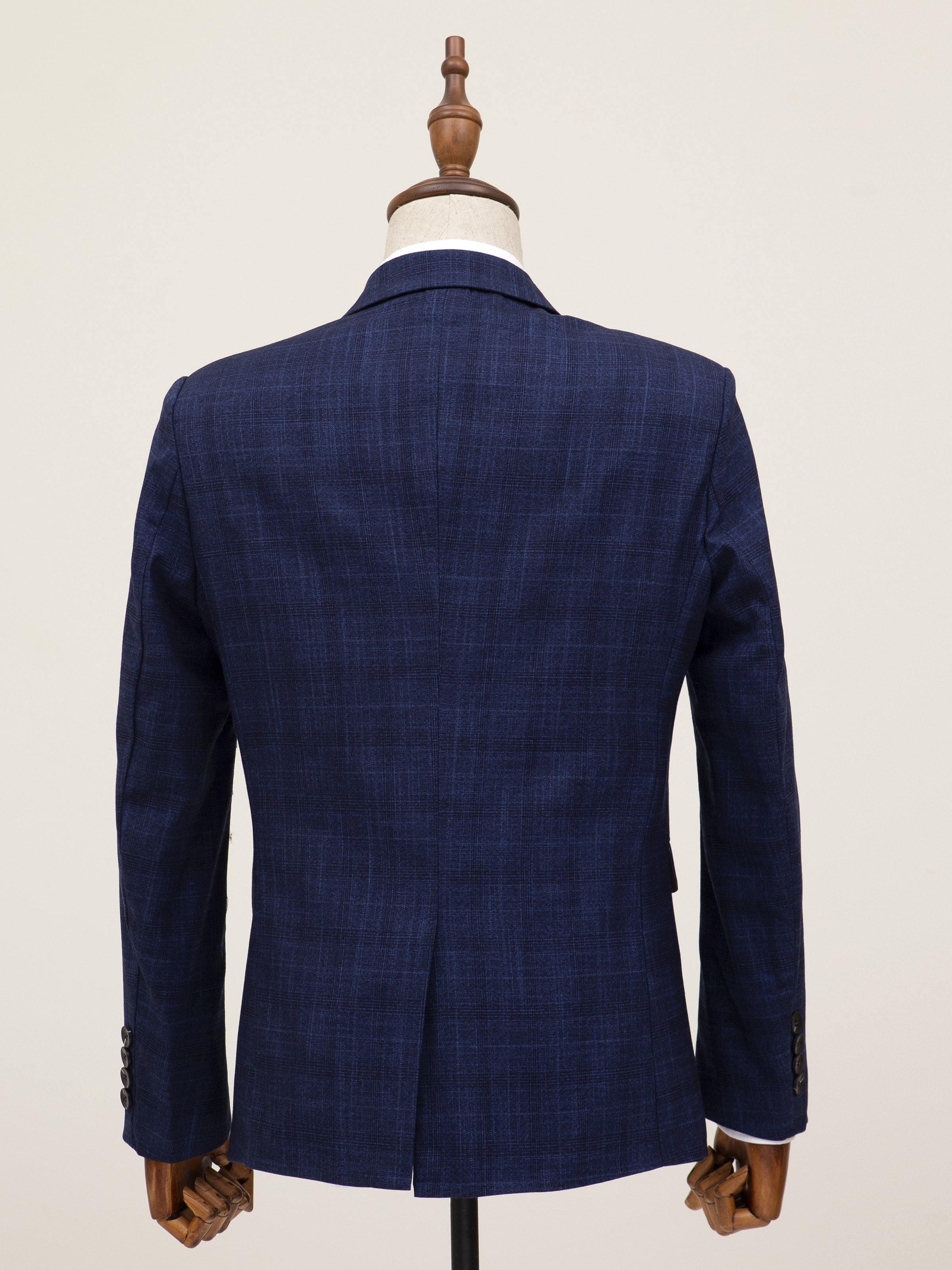 Blue two-button casual coat back view with center seam