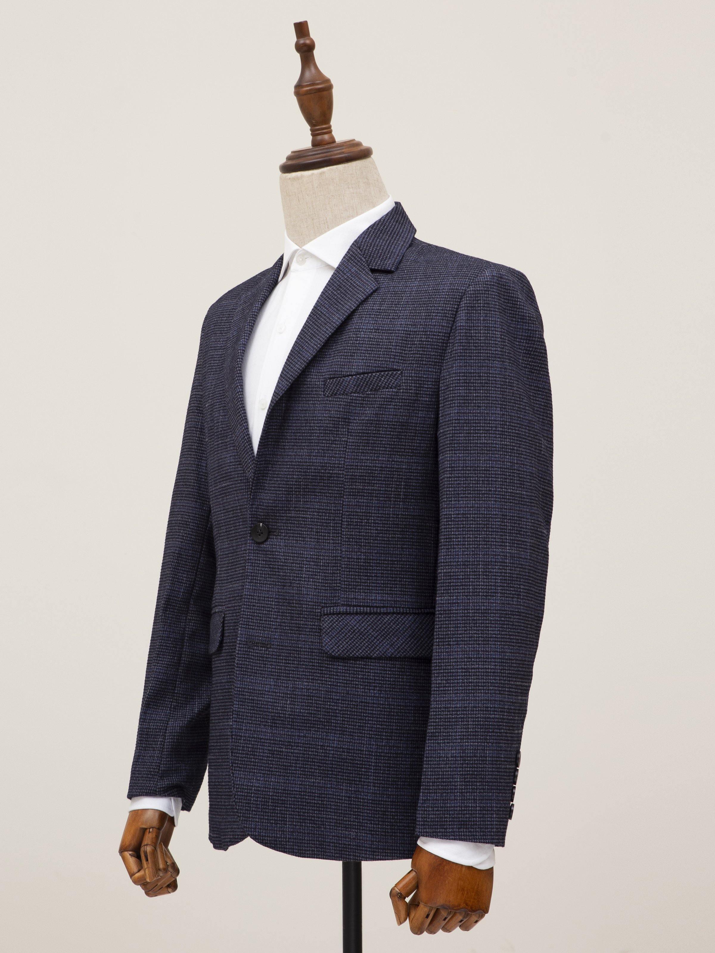 Navy 2-button casual coat side view with notch lapel and flap pocket