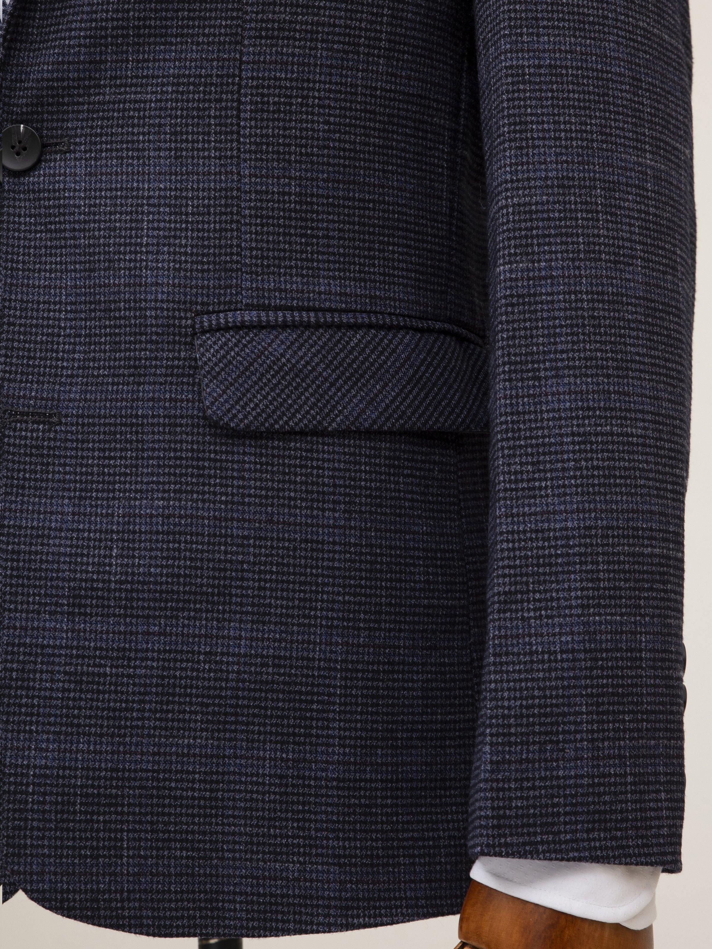 Navy coat front with flap pocket and smooth button placket