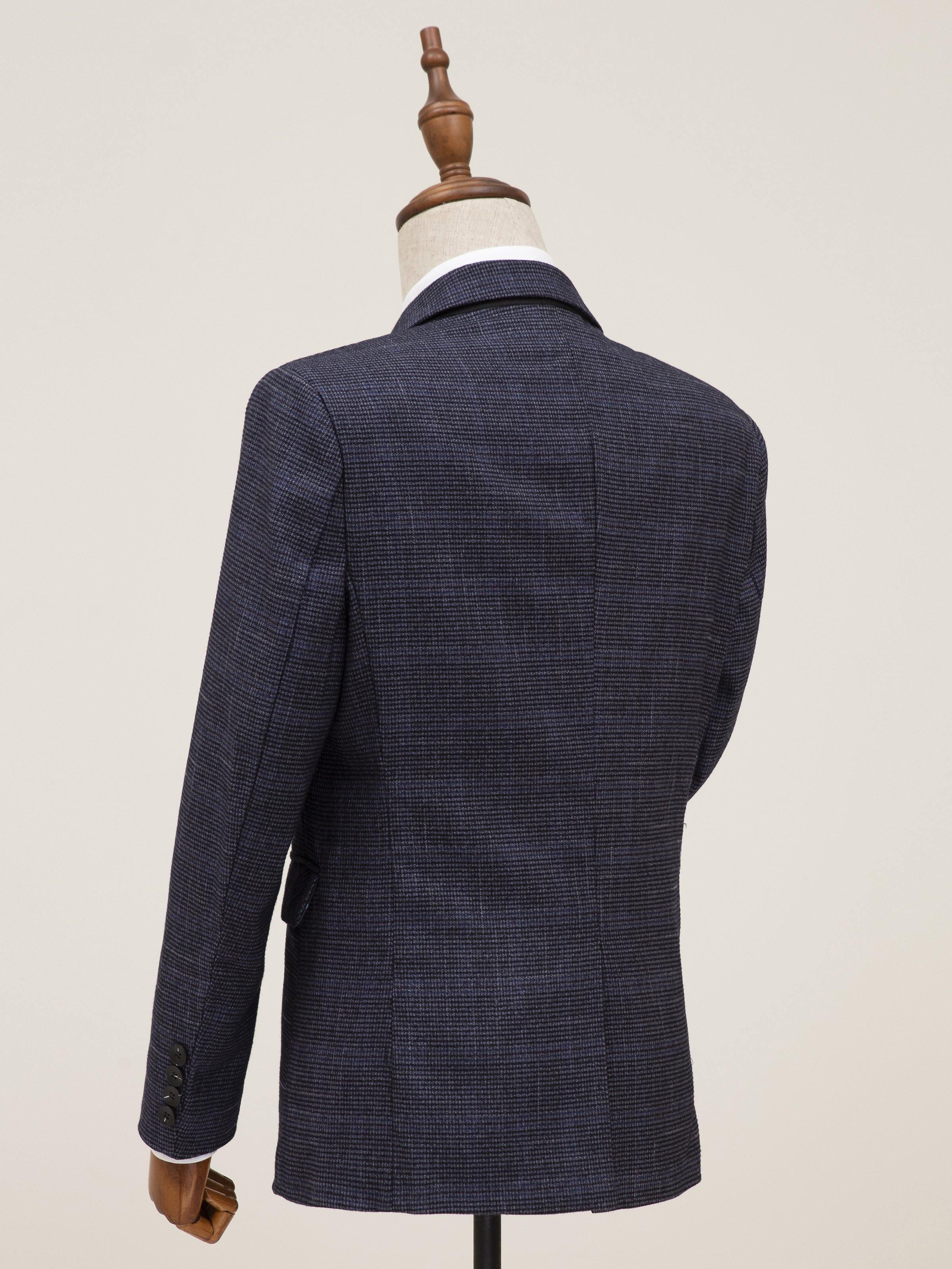 Navy textured coat back view with center seam and rear cutout