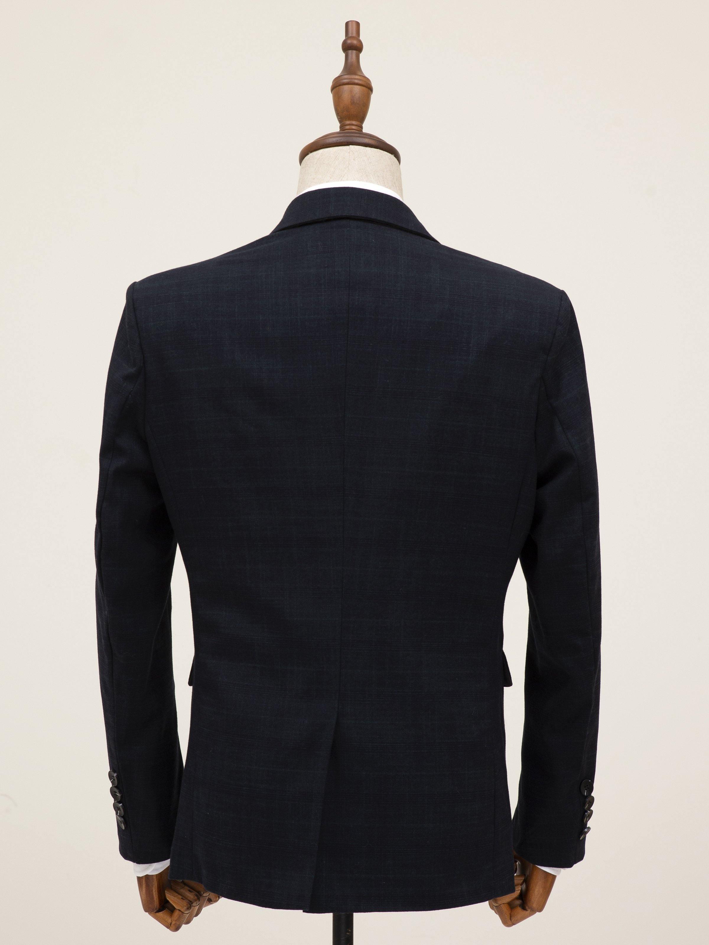 Dark casual coat back view with center seam and tailored fit