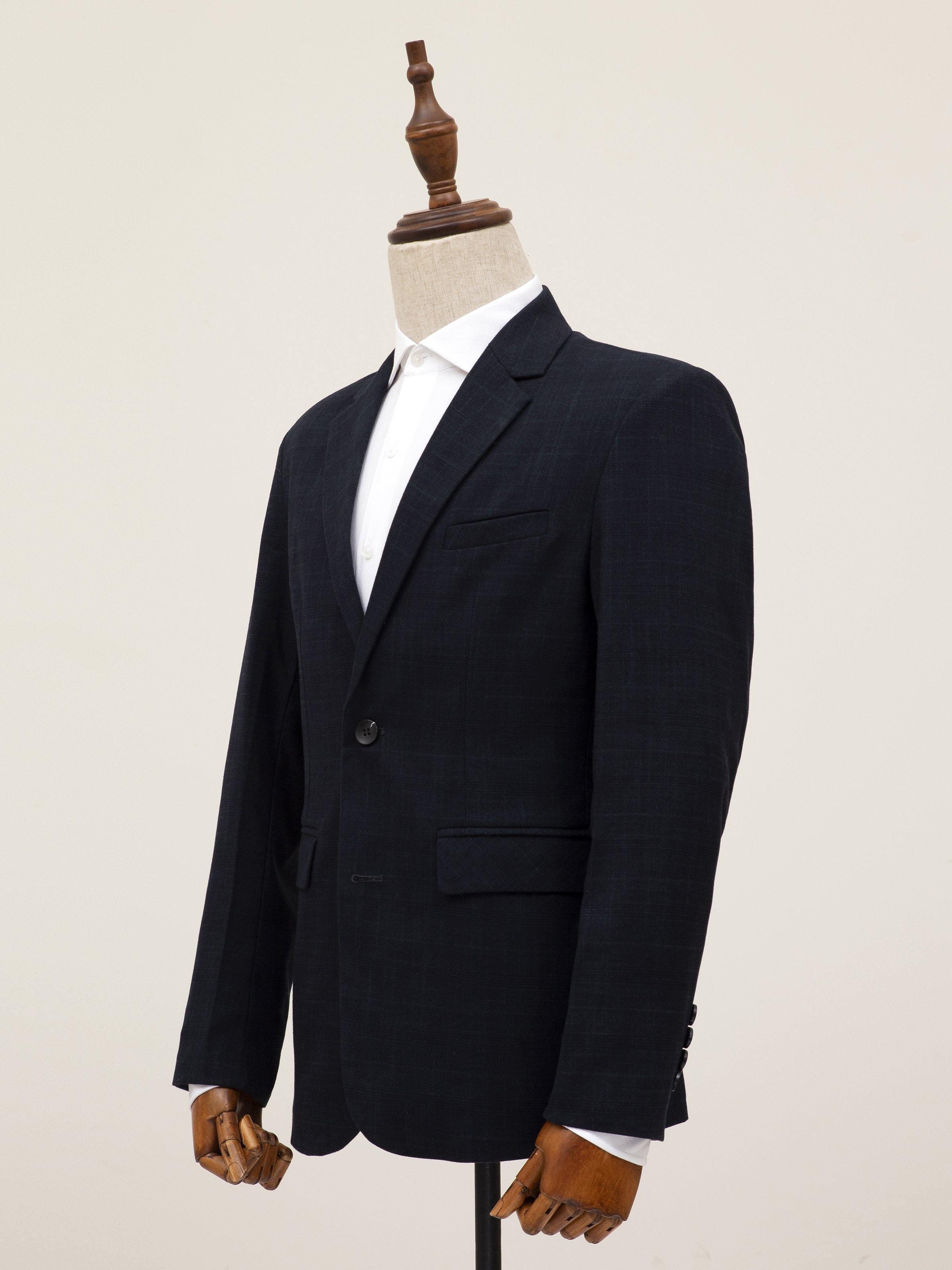 Dark casual coat with notch lapel, chest welt pocket, and single-breasted button