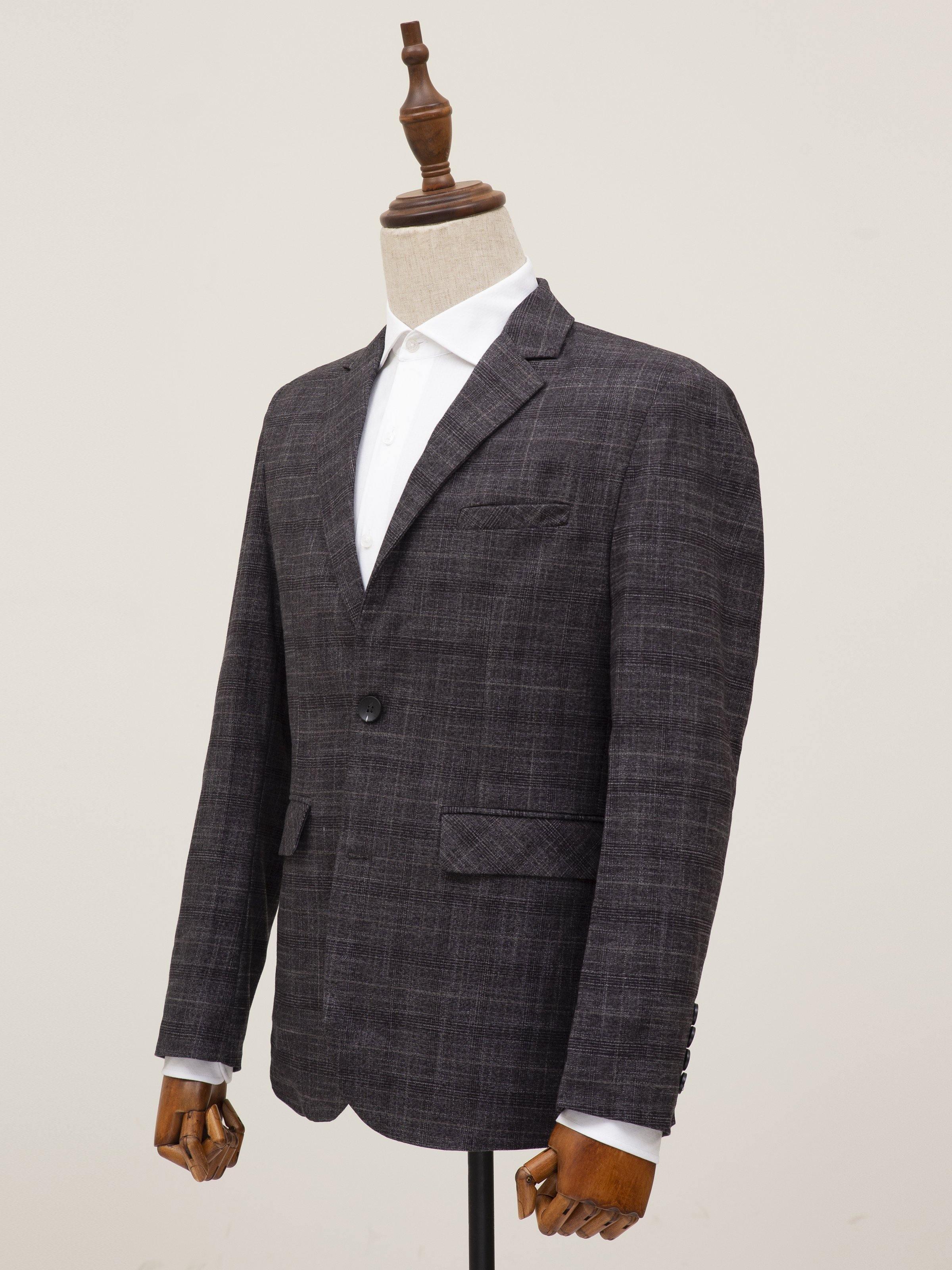 Dark grey single-breasted coat with notch lapel and chest pocket detail