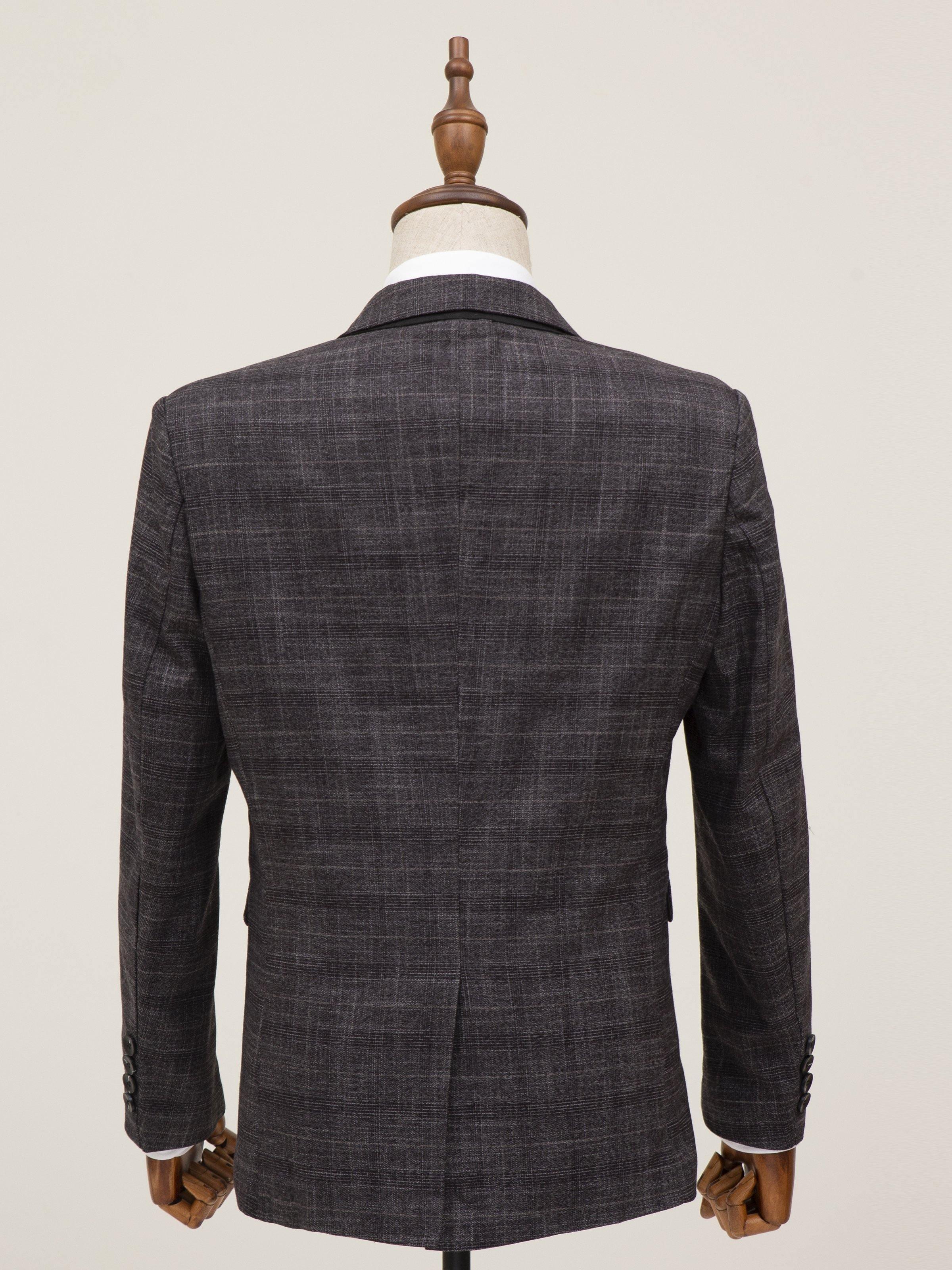 Dark grey two-button casual coat back view with center seam and cuffs