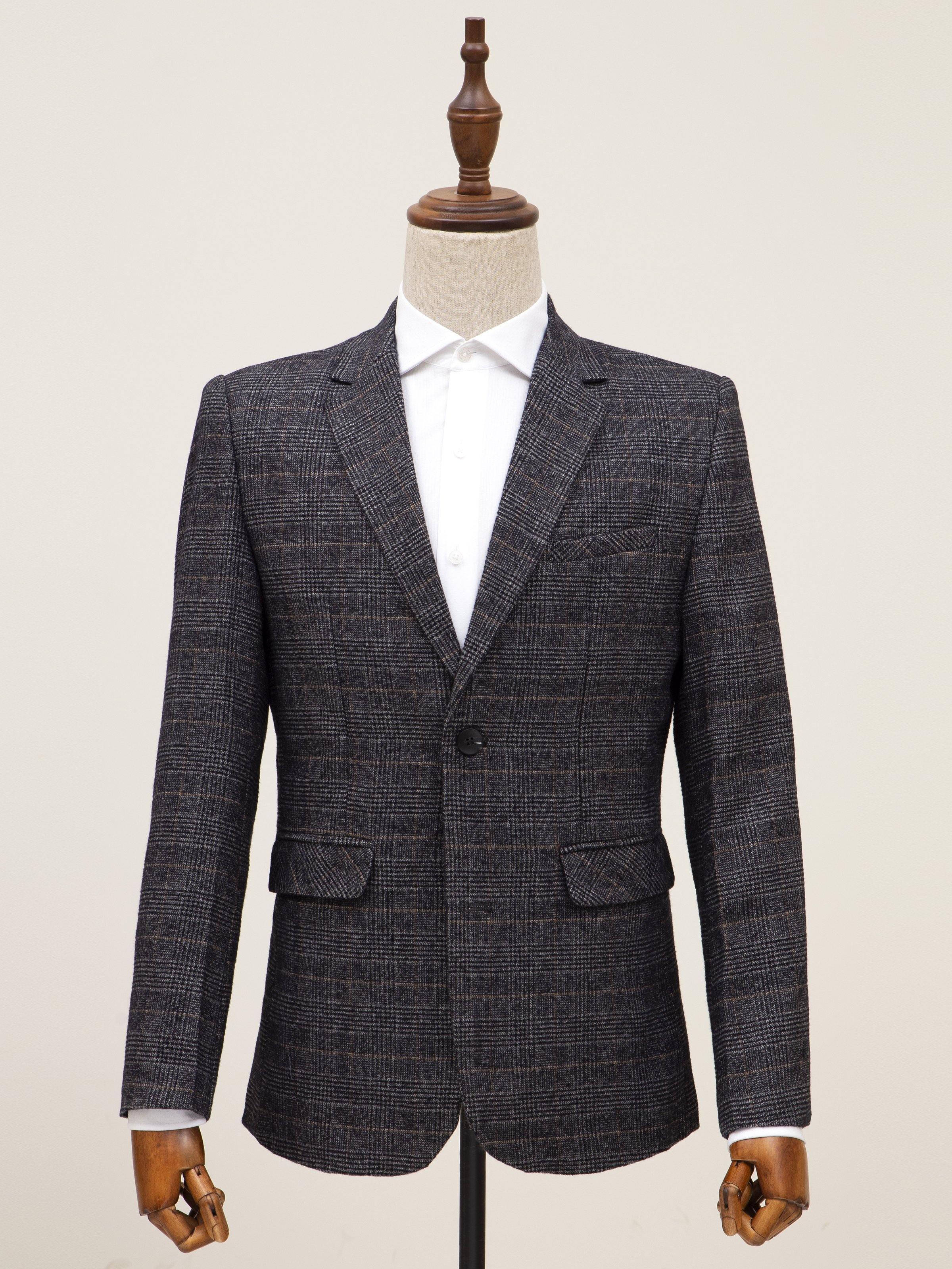Grey plaid two-button casual coat with notched lapel and front pockets