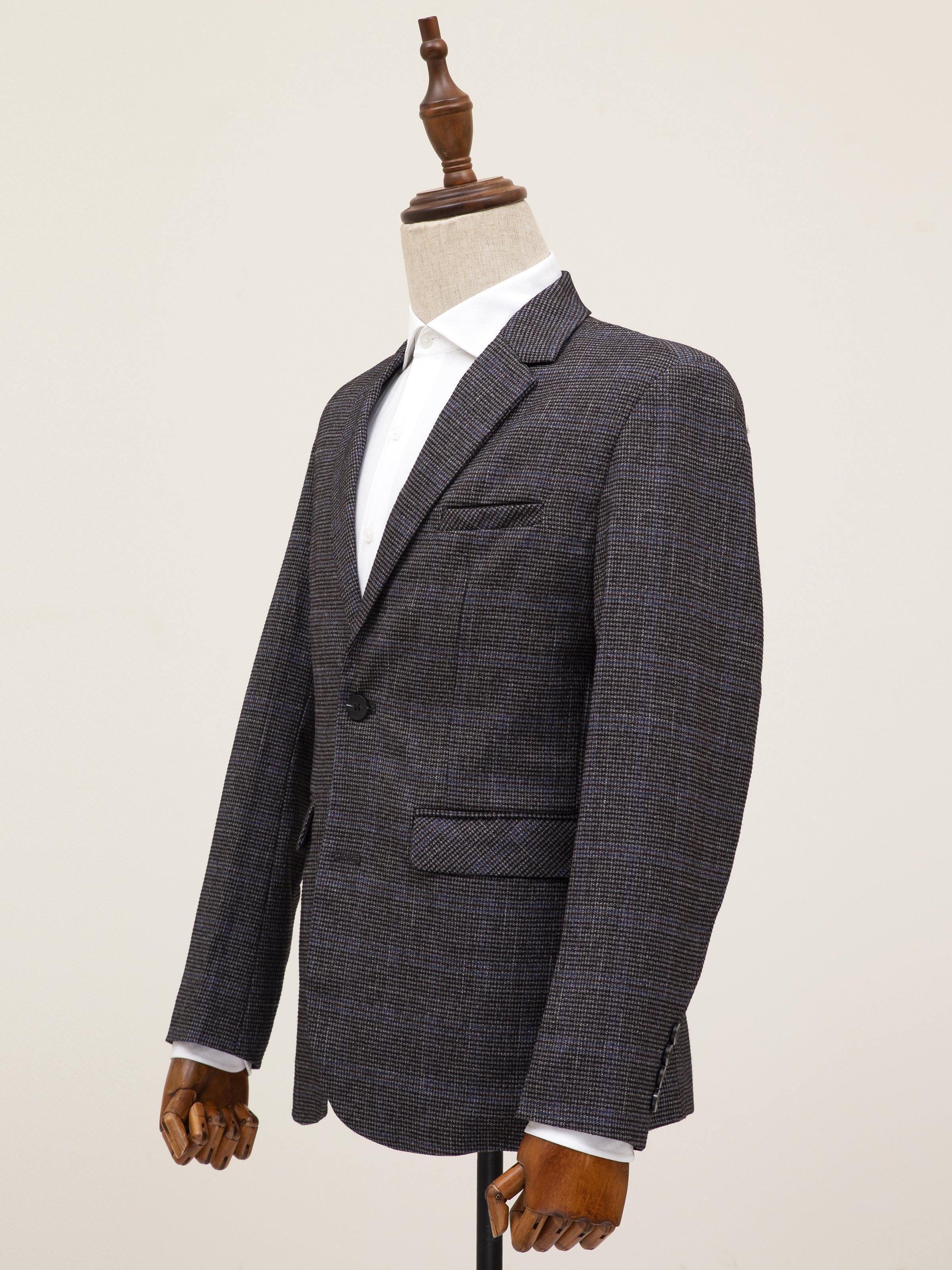Grey two-button casual coat side view with flap pocket and notch lapel