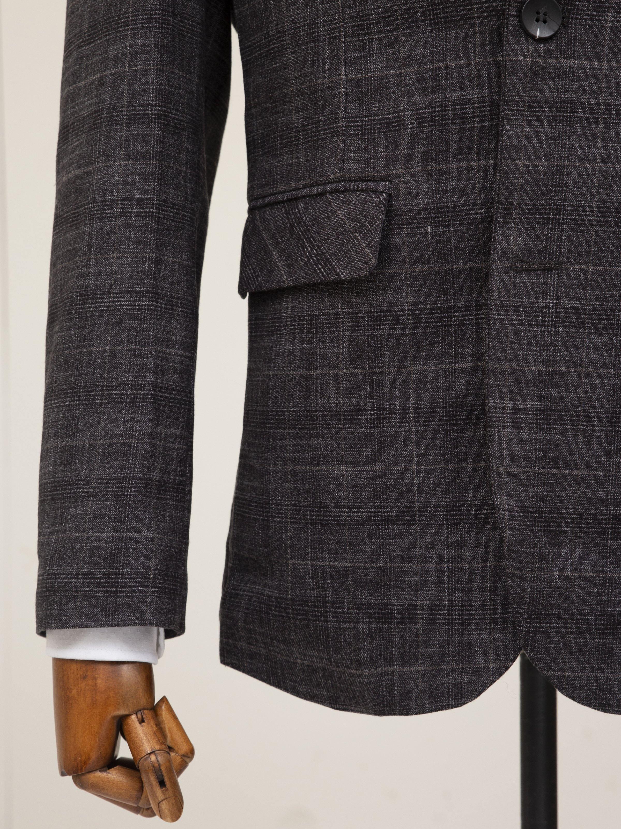 Dark grey coat side view with flap pocket and two-button front closure