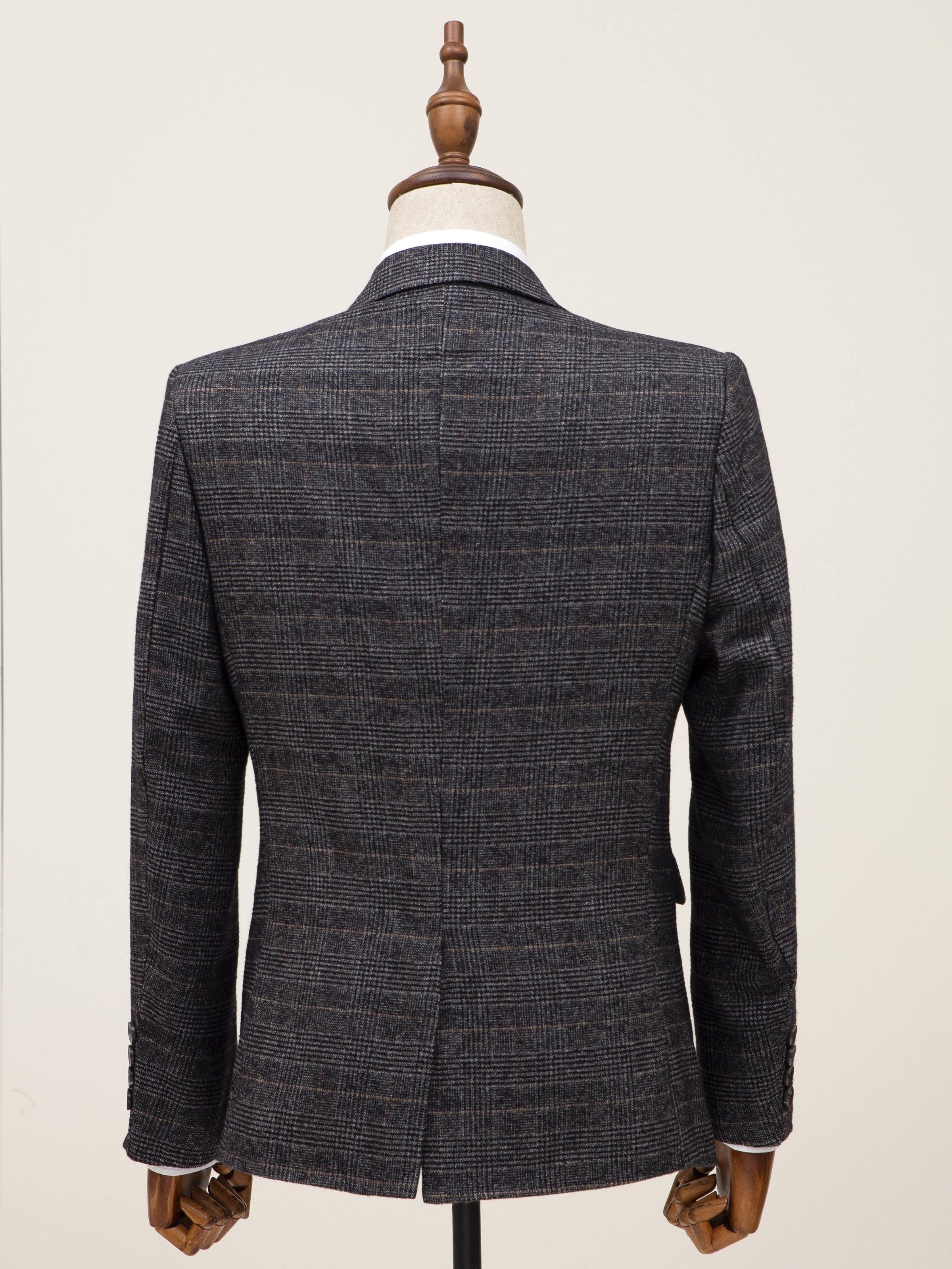 Grey plaid two-button coat with center-back seam and straight hem