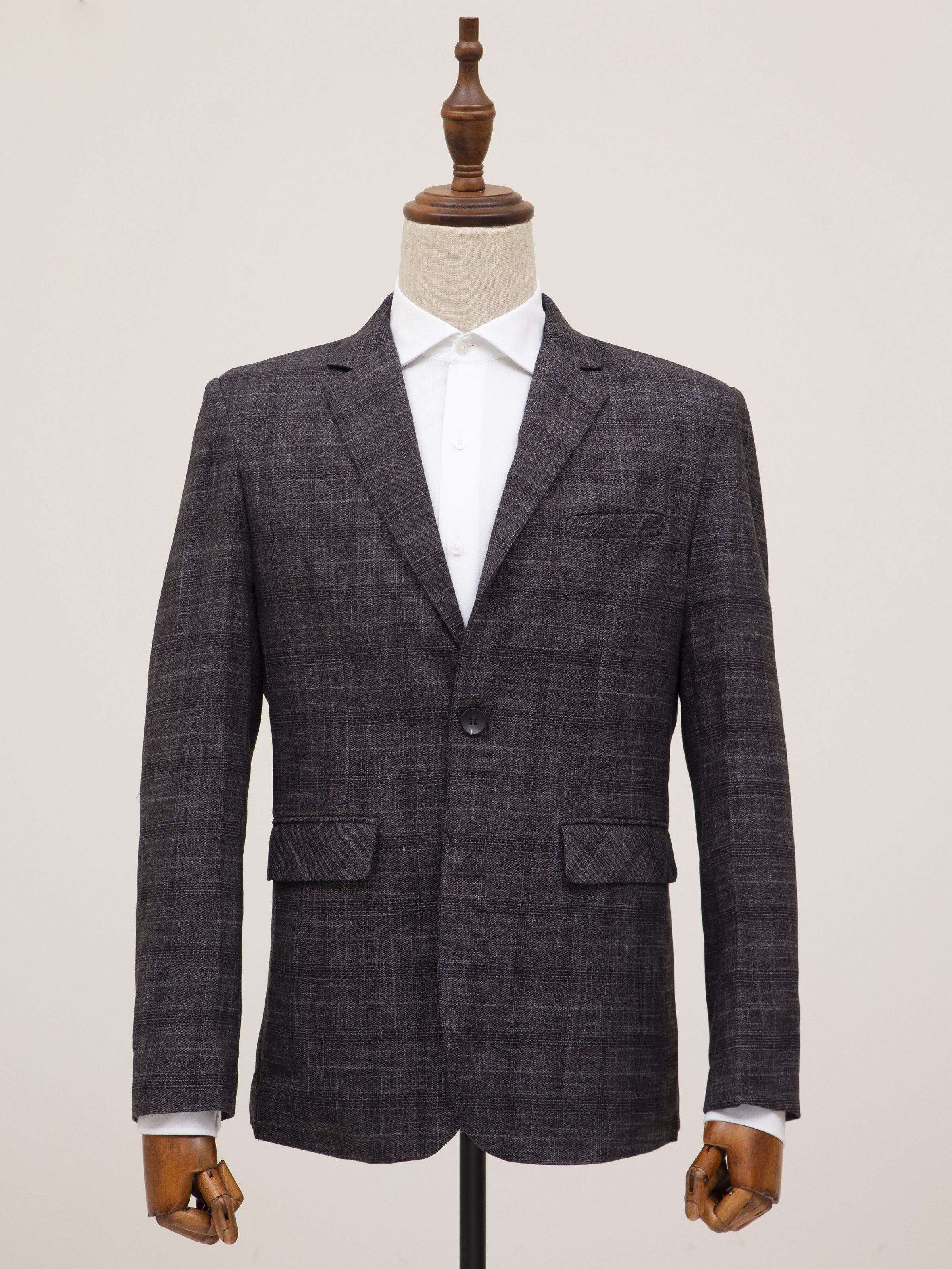 Grey two-button casual coat with notch lapels and flap pockets, single-breasted
