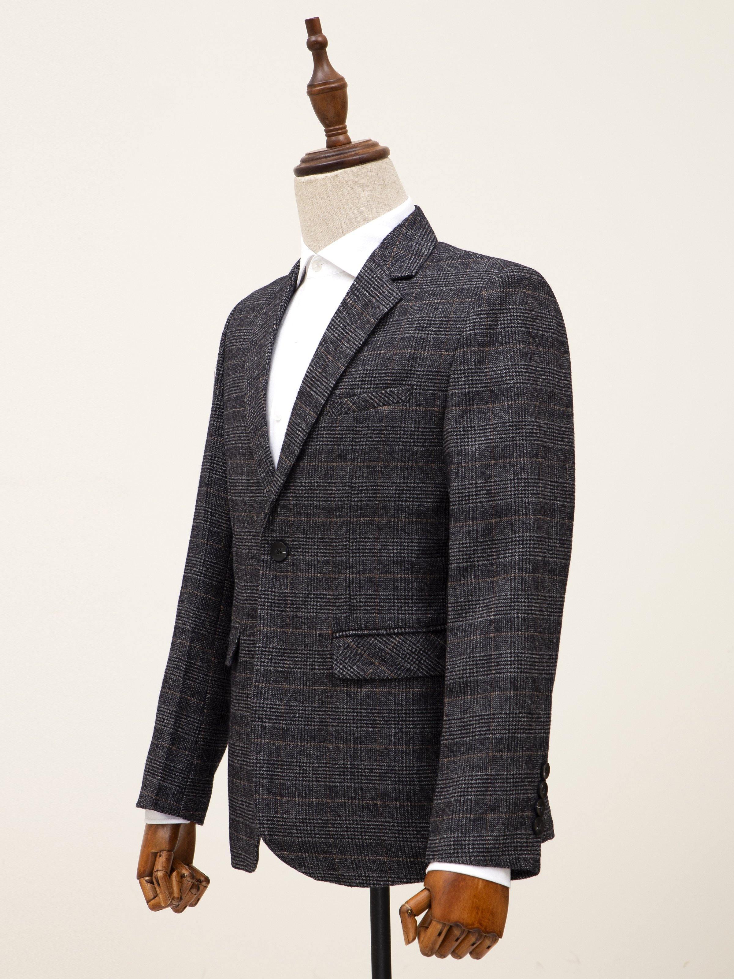 Grey plaid two-button casual coat with chest pocket and long sleeves