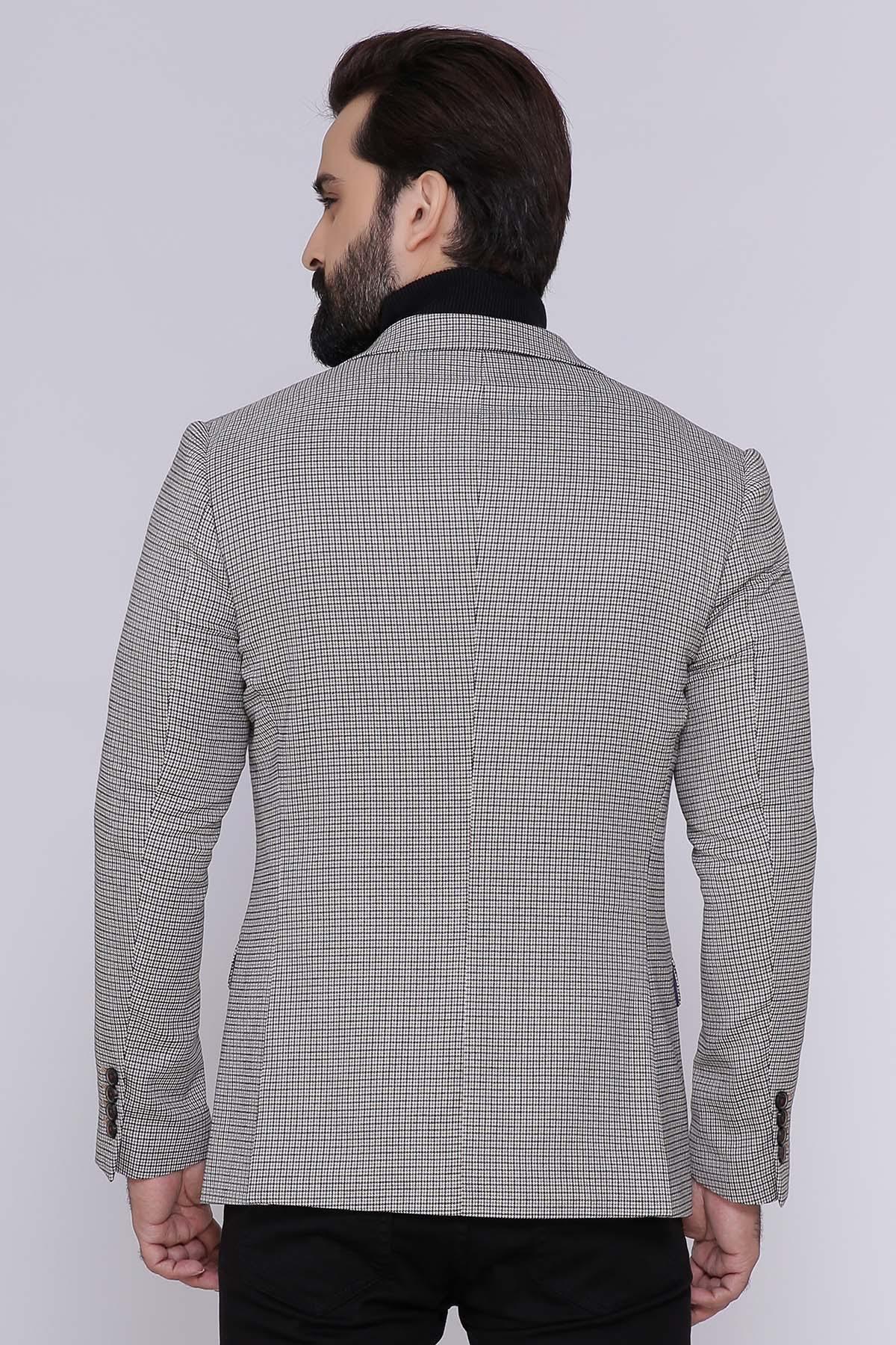 Slim-fit houndstooth check coat, back view with stand collar, beige and black