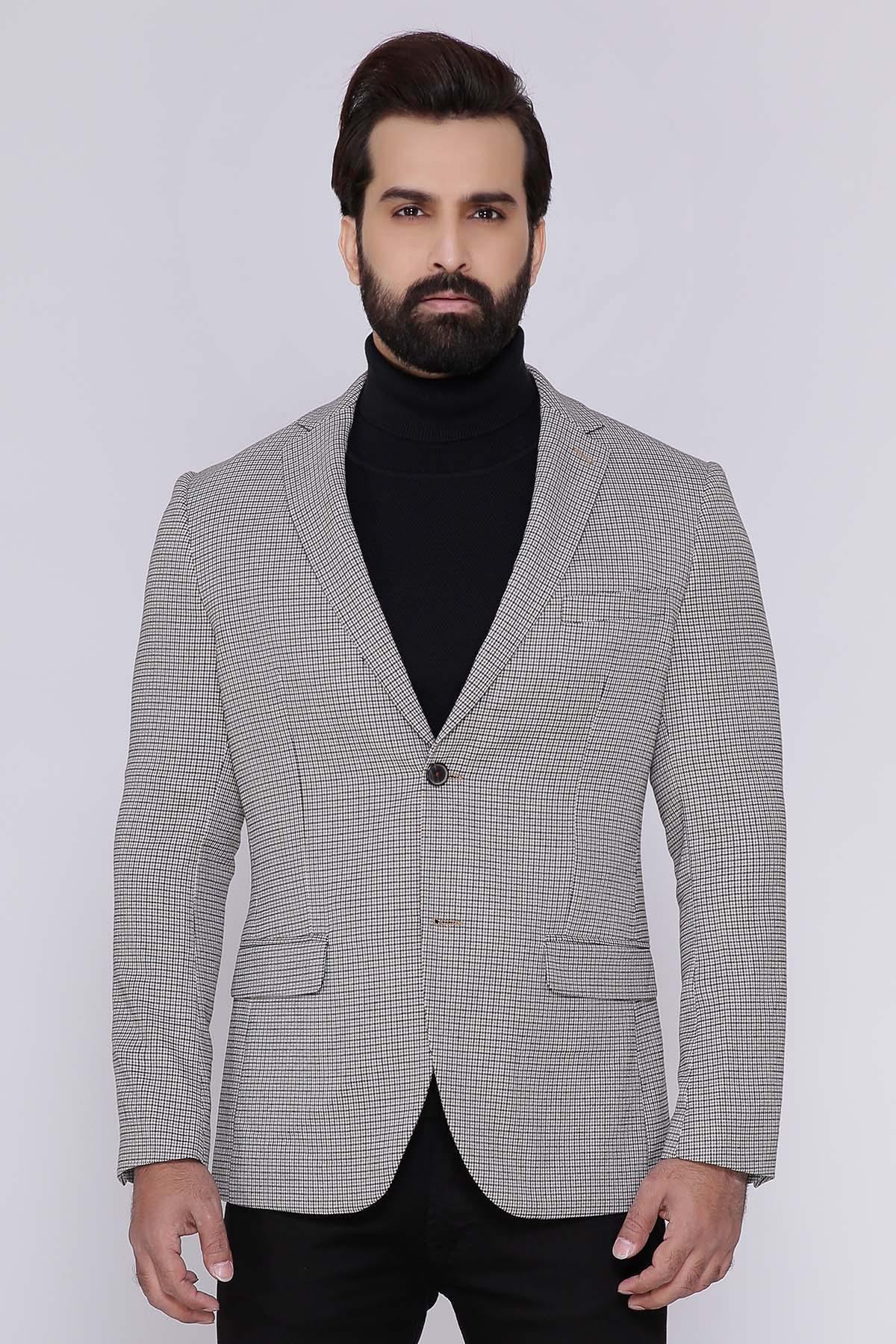 Slim-fit houndstooth coat with two-button front, beige and black check