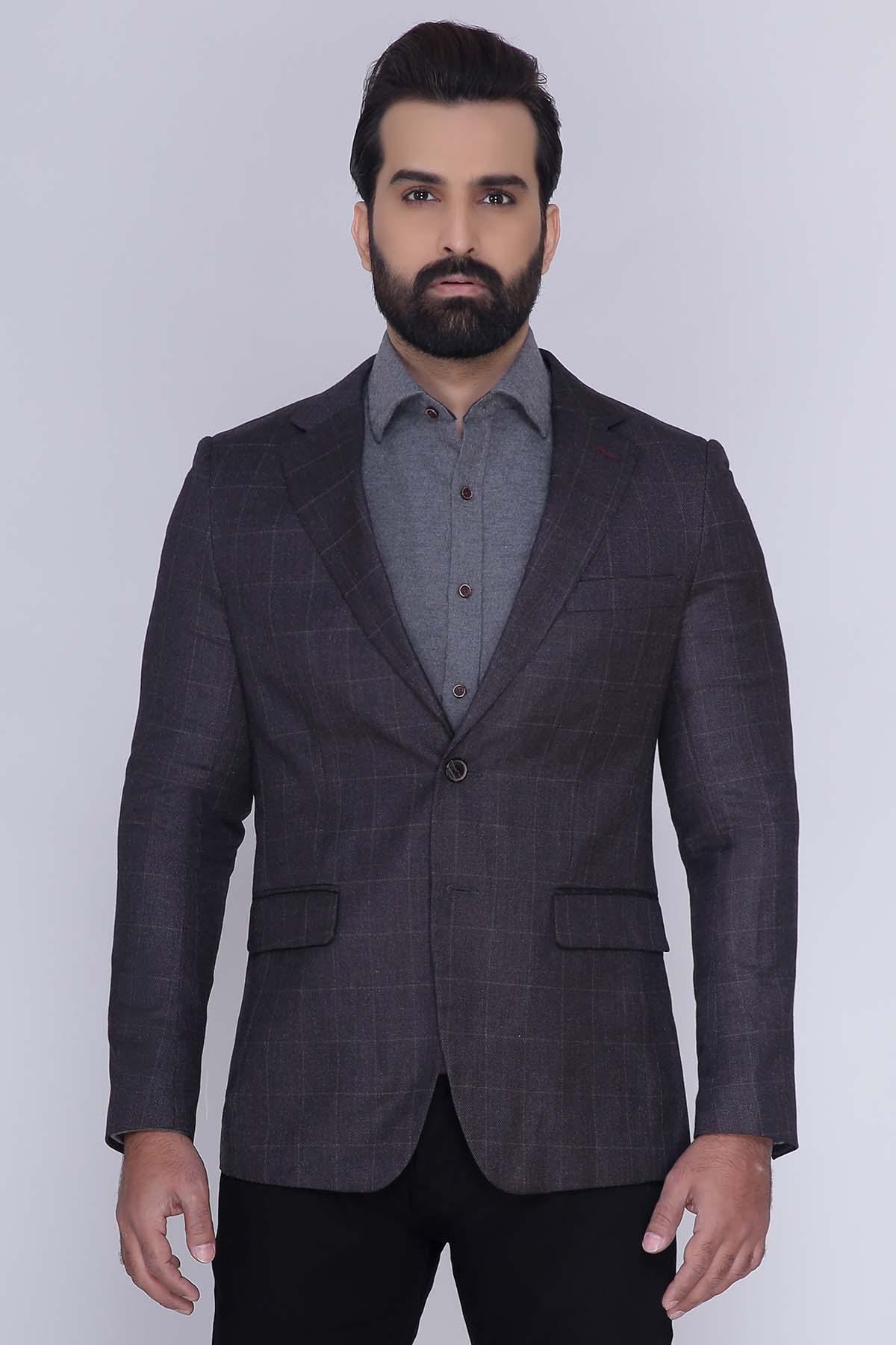 Slim-fit charcoal casual coat with notch lapels, two-button front, flap pockets