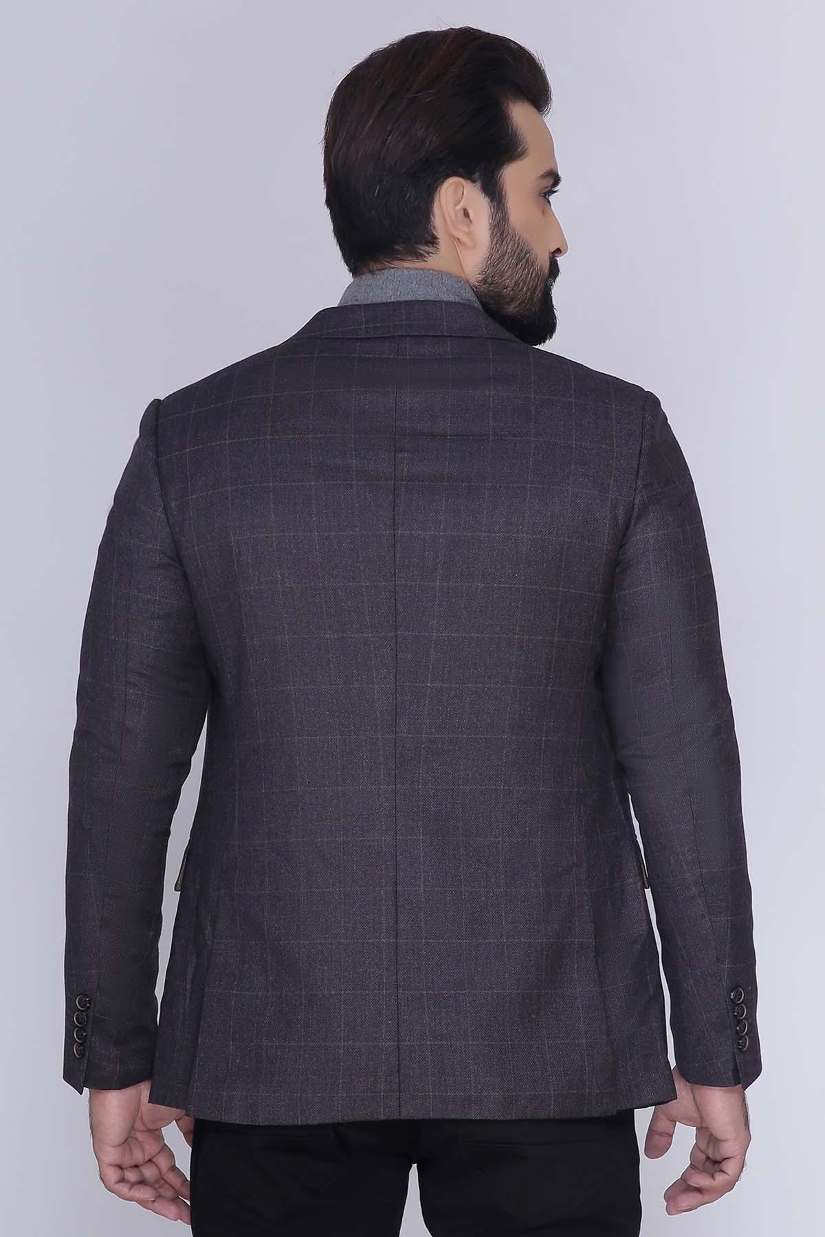 Charcoal slim-fit coat rear view with check pattern and flap pocket details