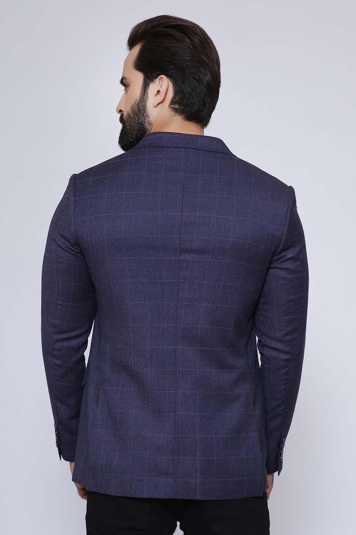 Navy slim-fit casual coat back view, straight hem, buttoned cuffs