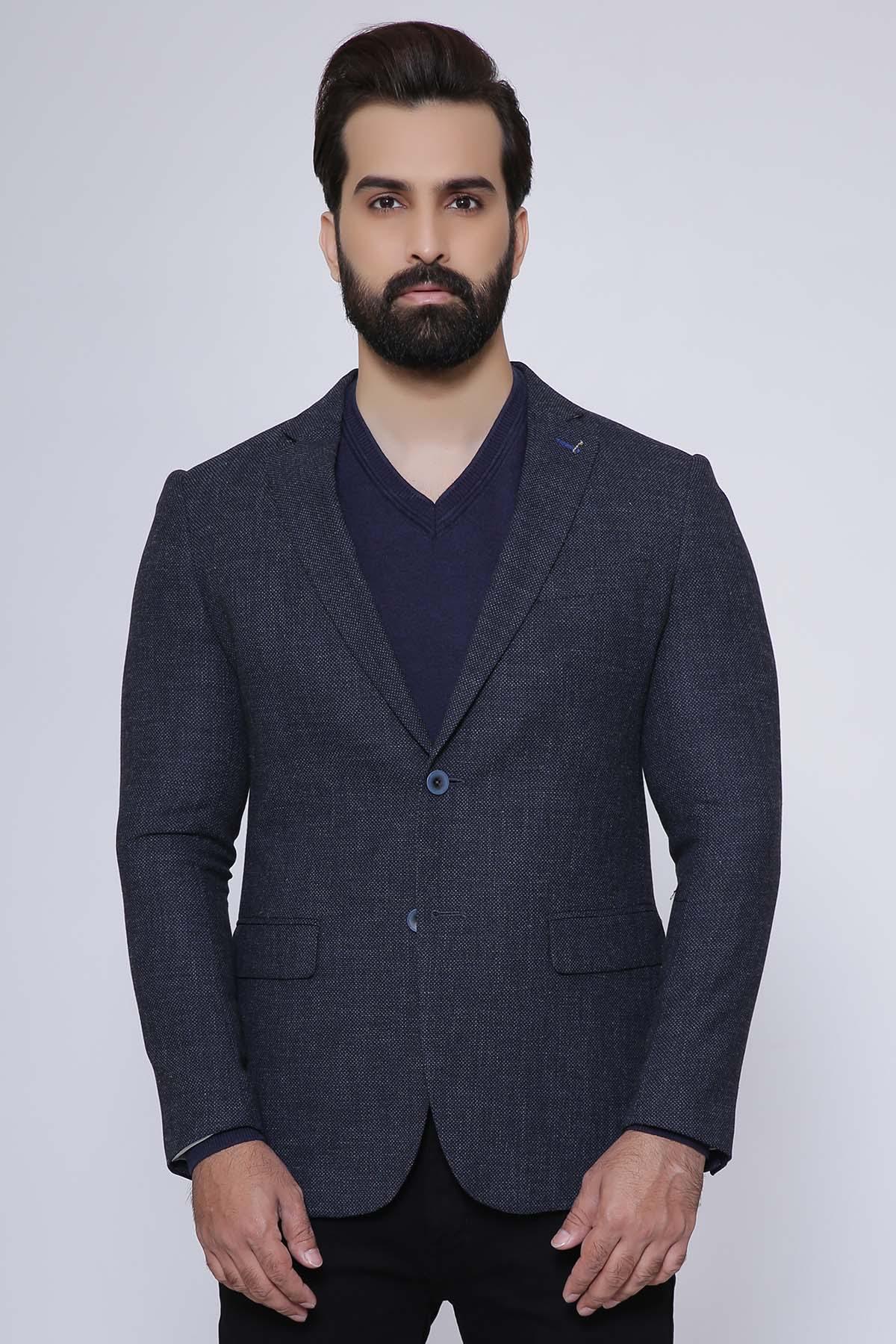 Slim-fit navy 2-button coat with notch lapels and front welt pockets