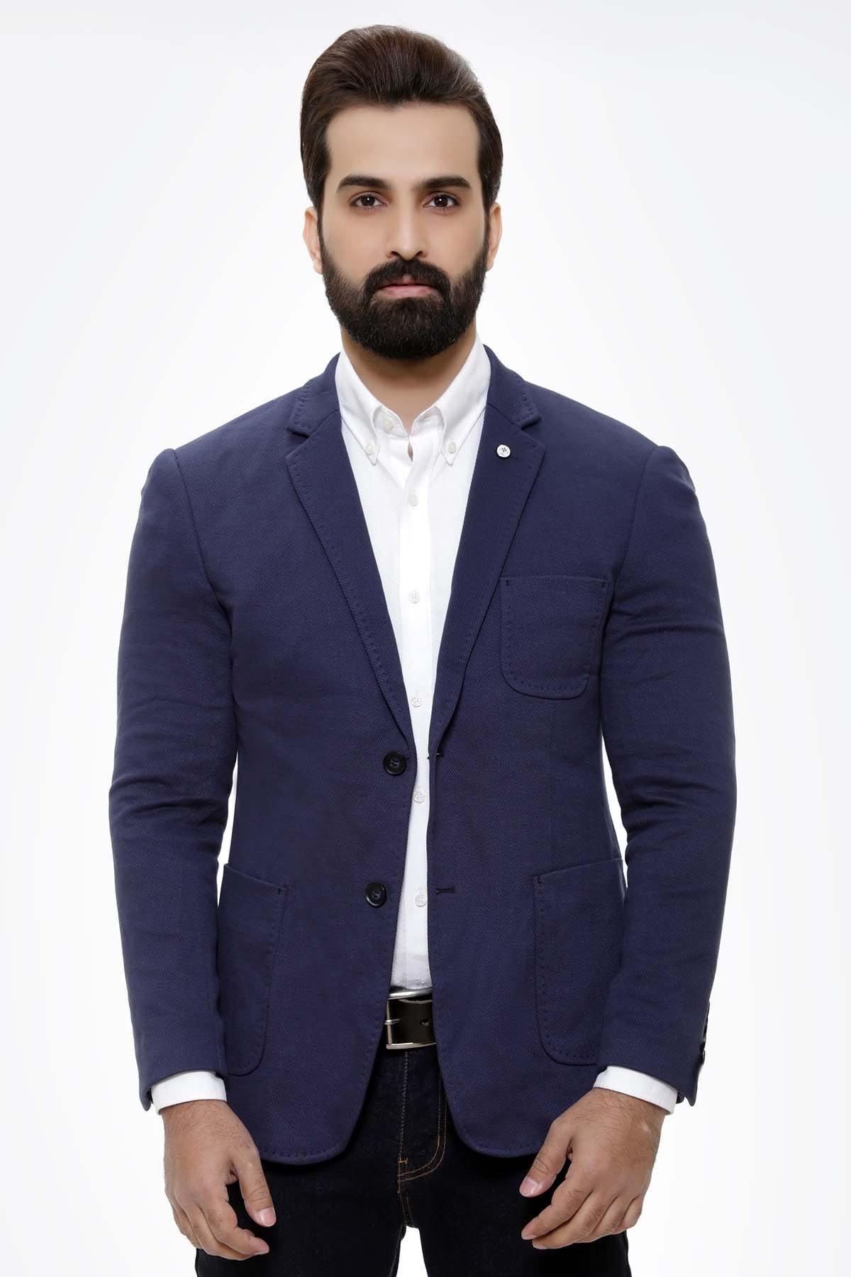 Navy slim-fit two-button casual coat with notch lapels and chest pocket