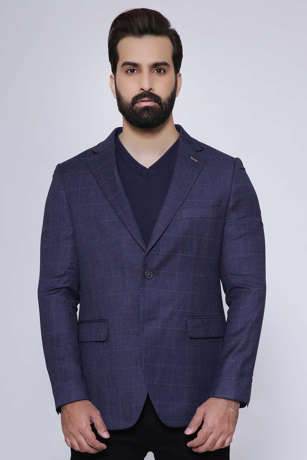 Navy slim-fit casual coat, two-button front, notch lapels, flap pockets