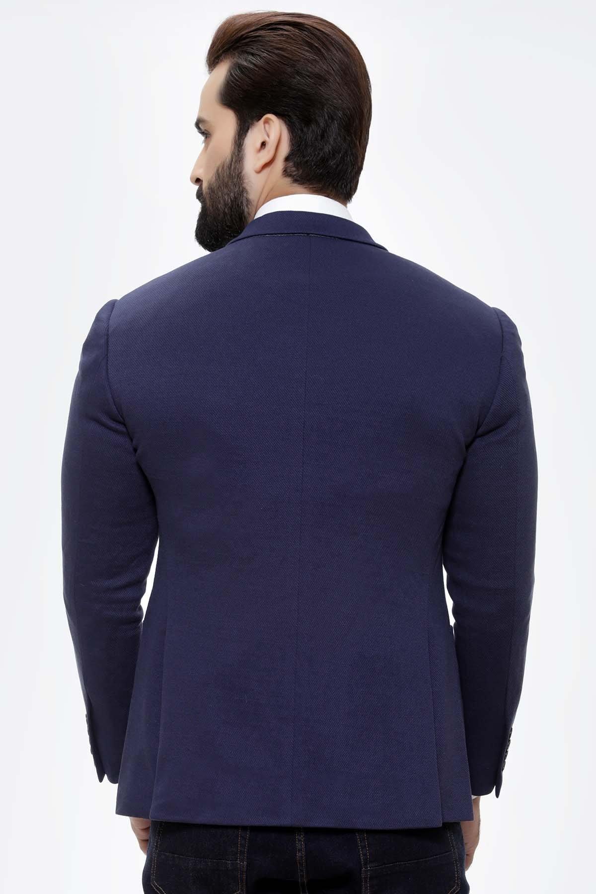 Back view of navy slim-fit two-button casual coat, tailored shoulders and seam