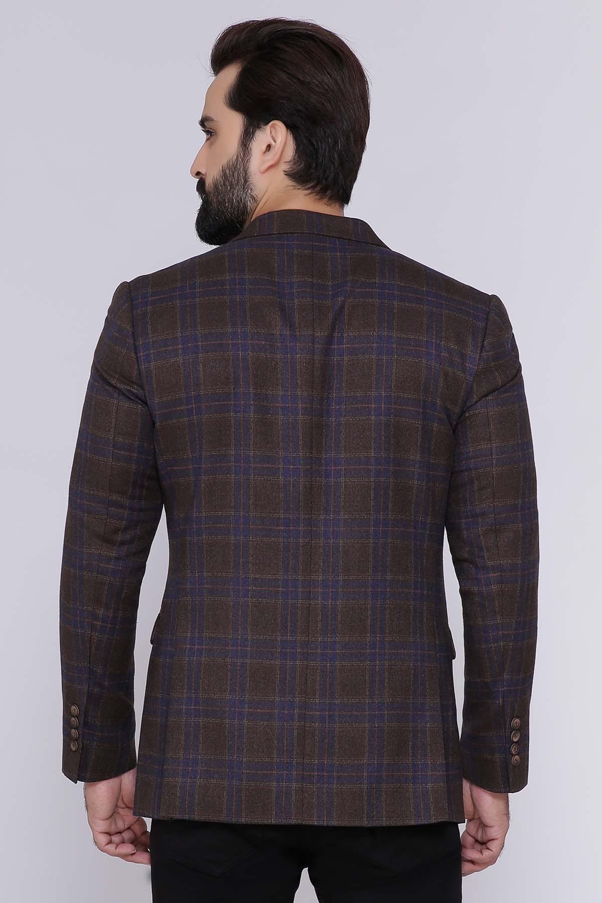 Two-button casual coat back view, dark plaid check, side seam pockets