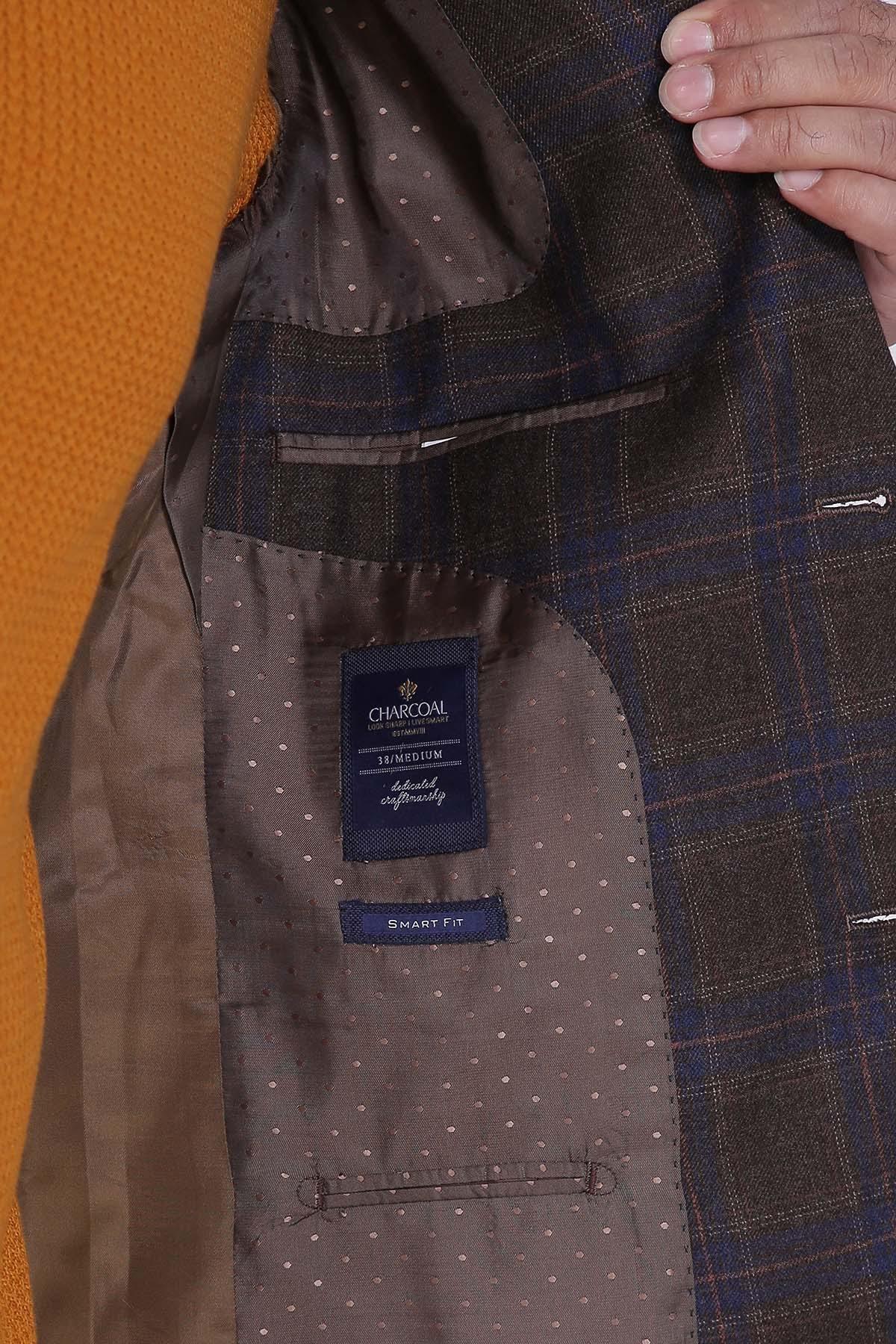 Two-button casual coat interior lining with brand tag and pocket opening