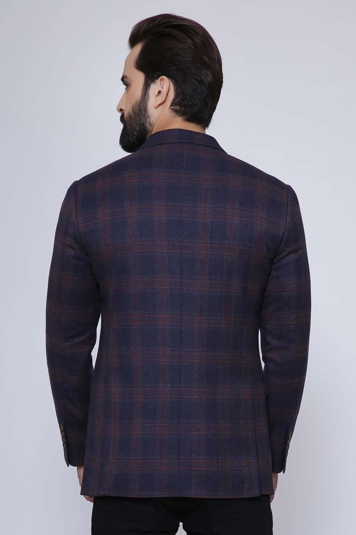 Men's casual coat in brown-blue plaid, back view