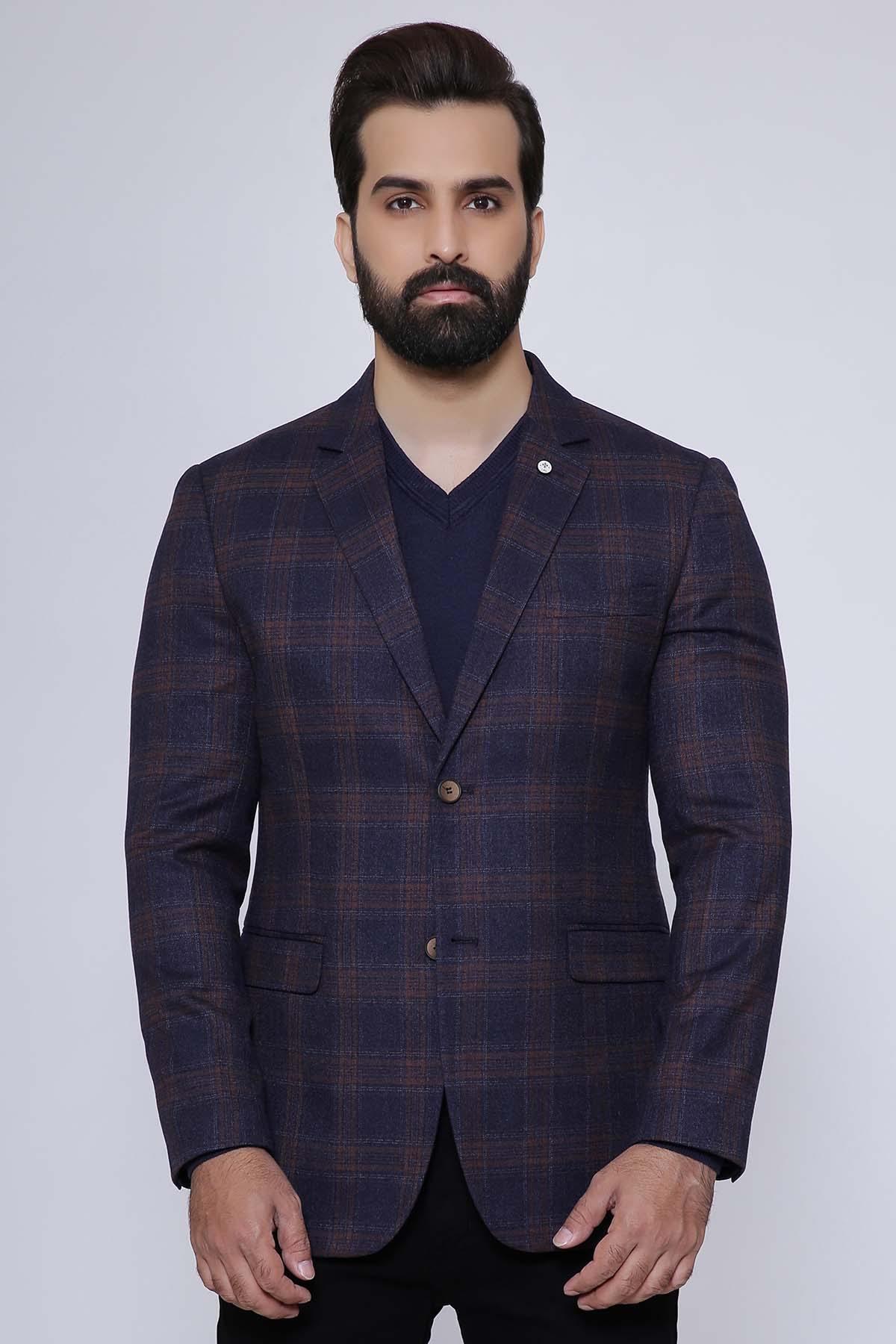 Men's 2-button casual coat in brown-blue plaid, front view