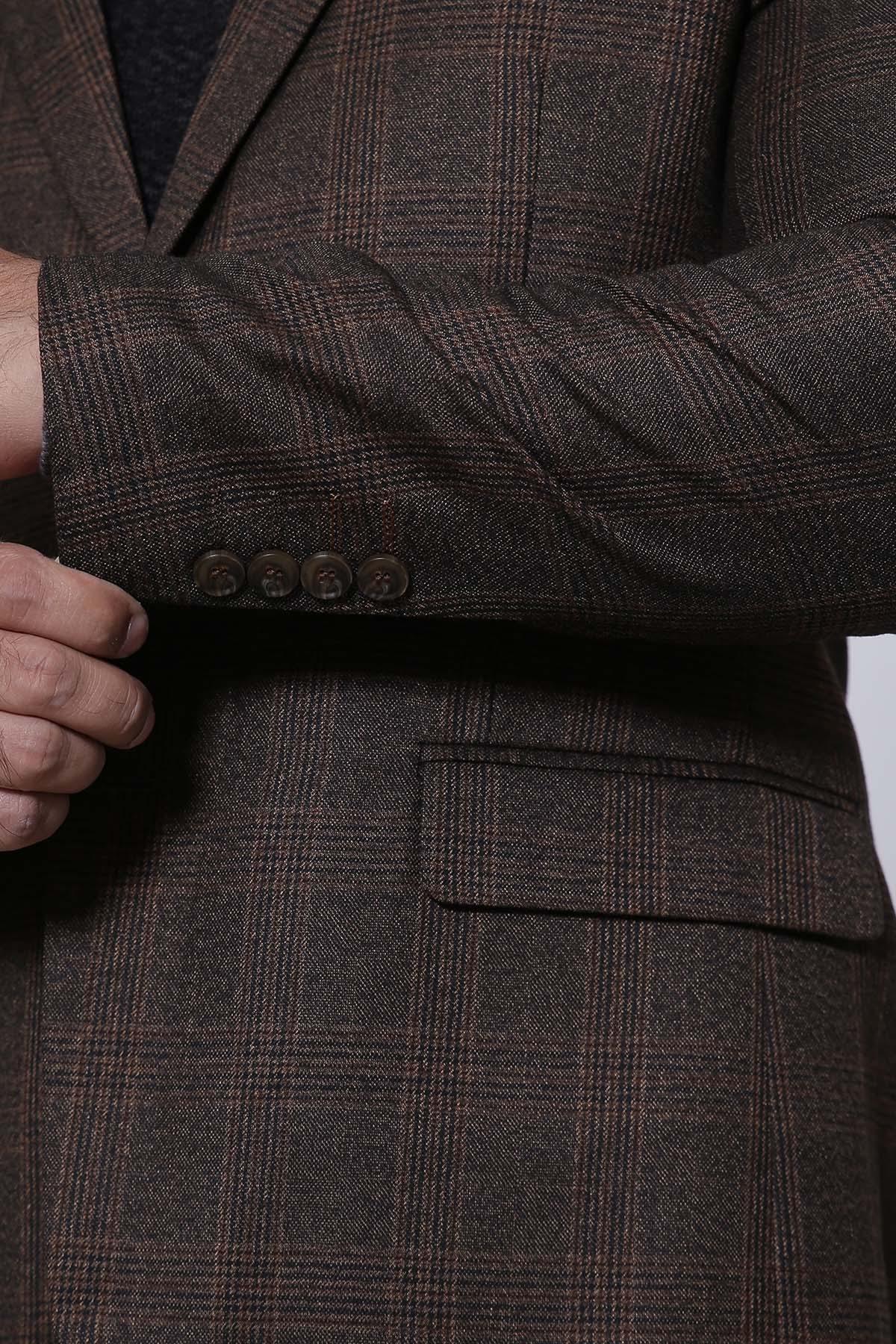 Brown plaid smart-fit coat with sleeve buttons and flap pocket