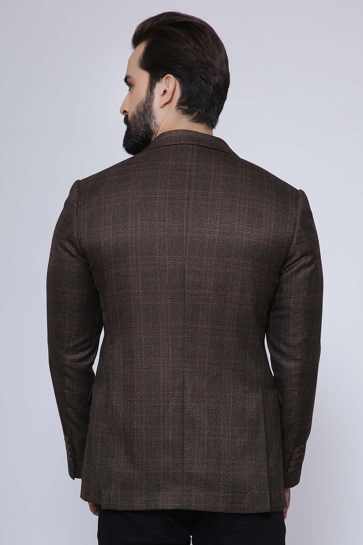 Brown two-button smart-fit casual coat, back view, full-length with center seam