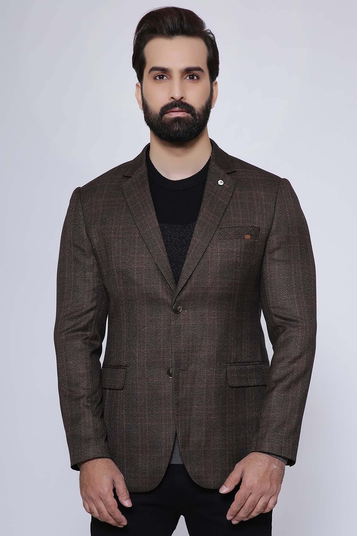Brown two-button smart-fit casual coat with notch lapels and front pockets