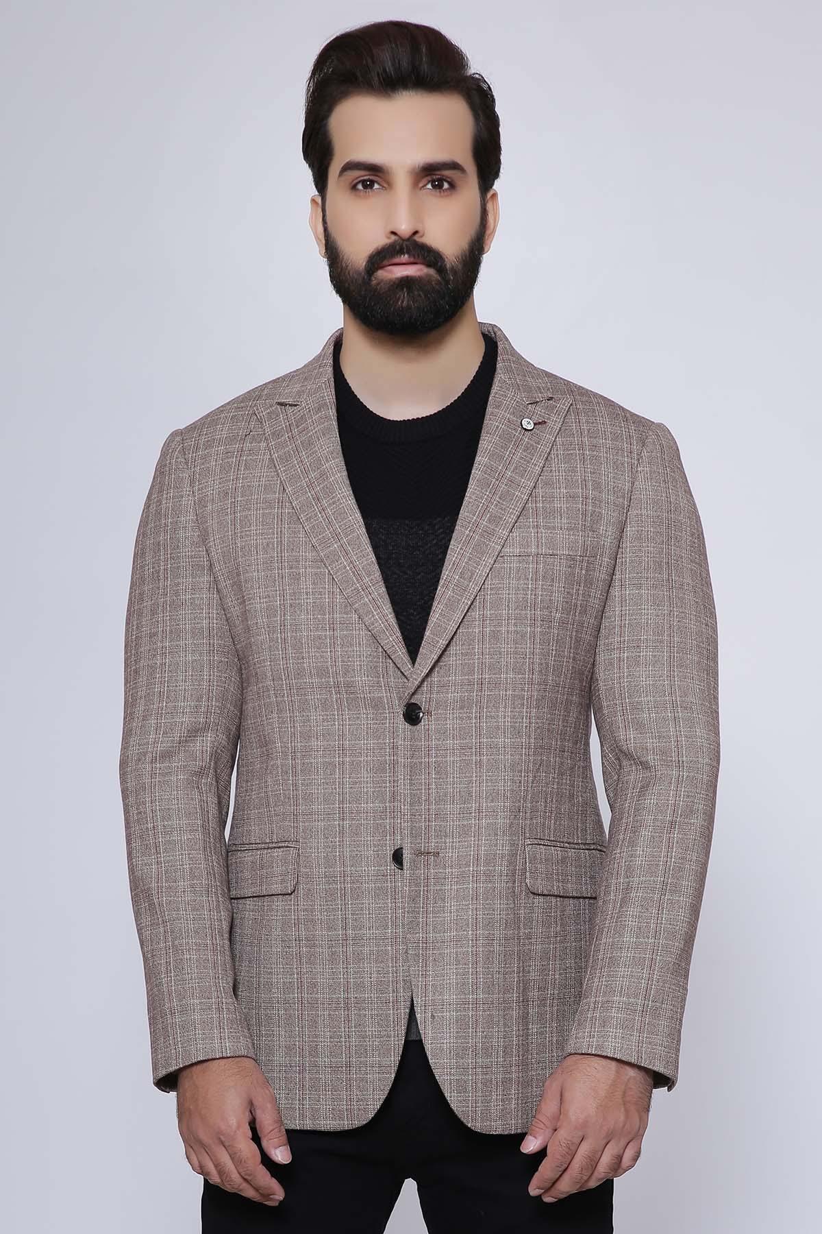 Light brown check casual two-button smart-fit coat, notched lapels, front pockets