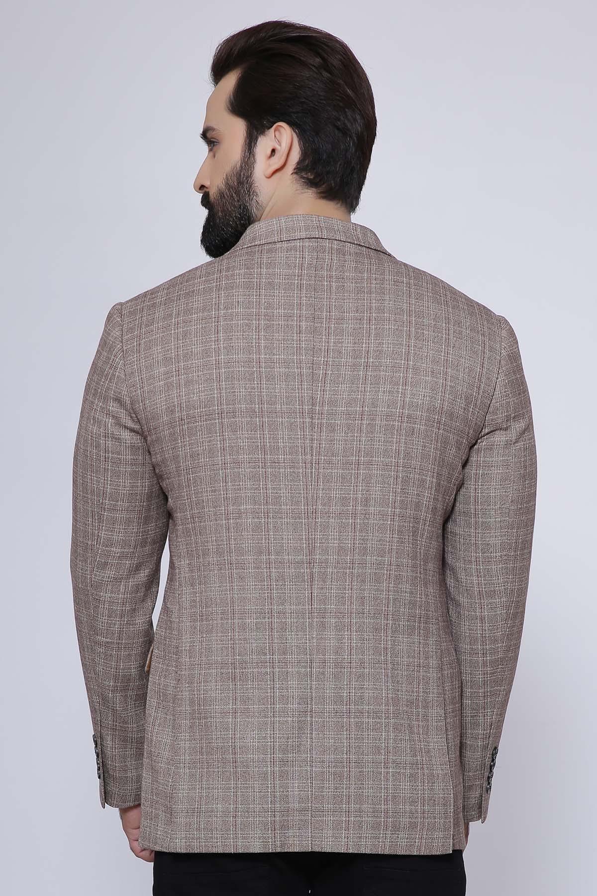 Light brown check casual two-button coat with notch lapels and rear view