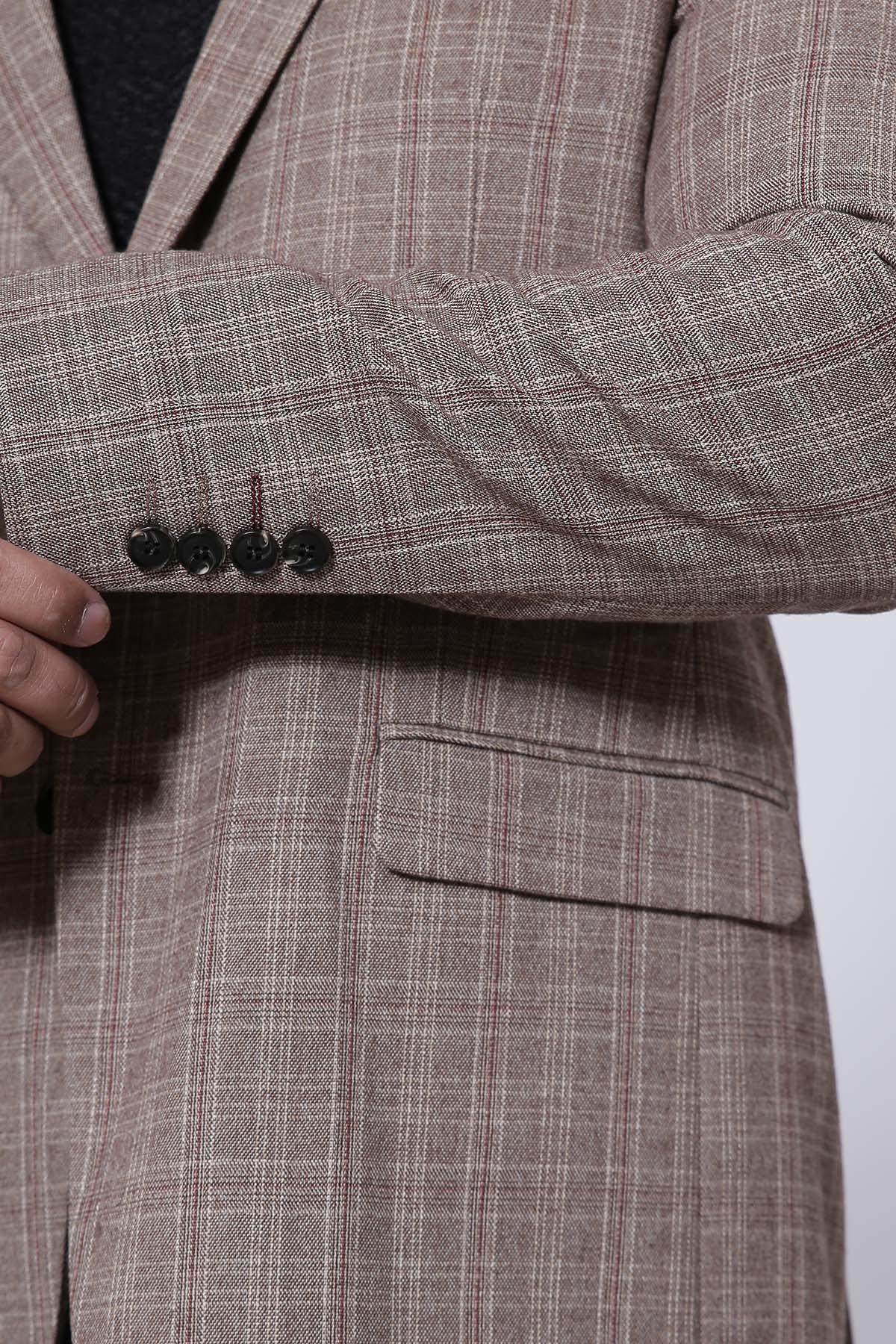 Light brown check coat sleeve with cuff buttons and front pocket