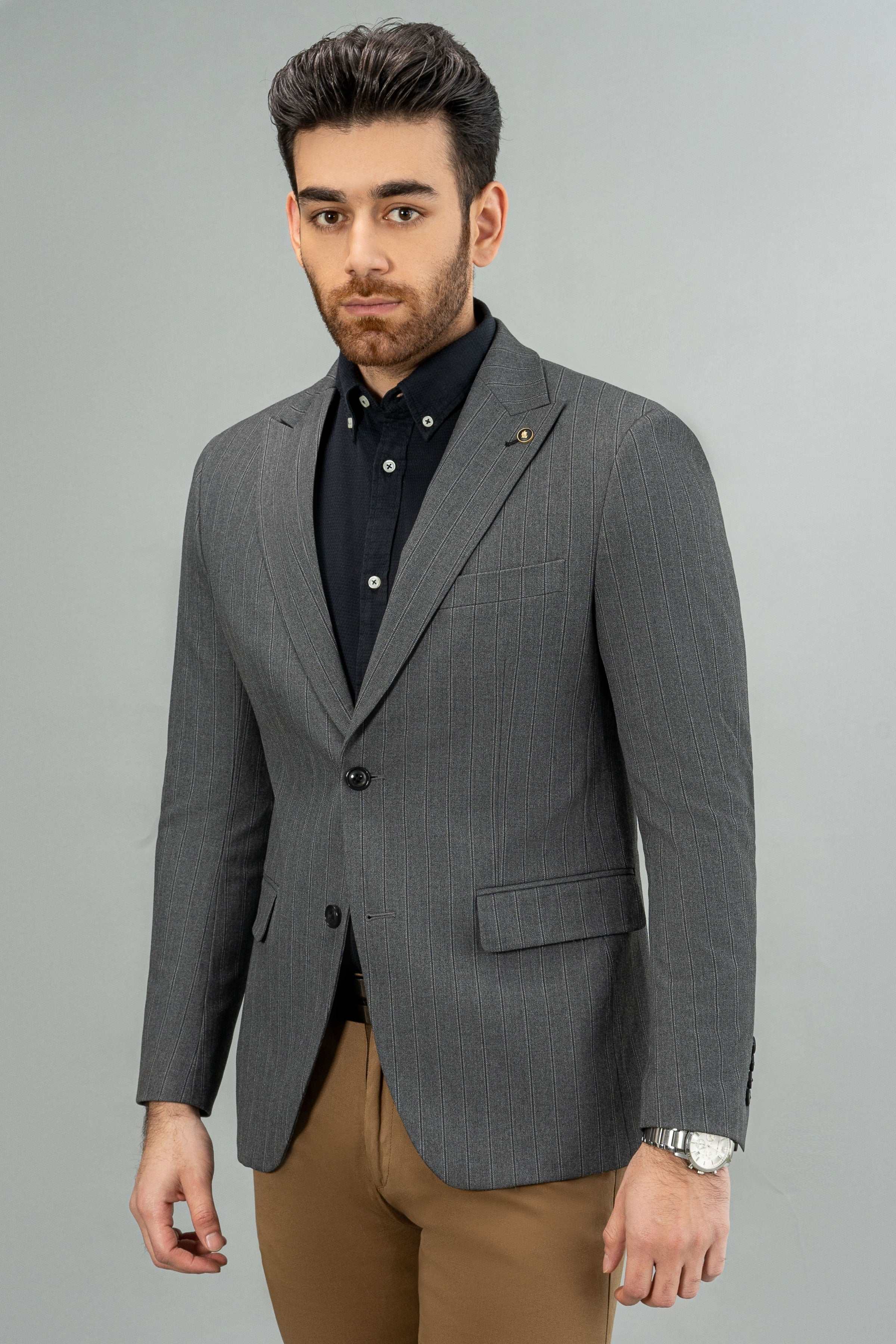CASUAL COAT GREY STRIPER at Charcoal Clothing