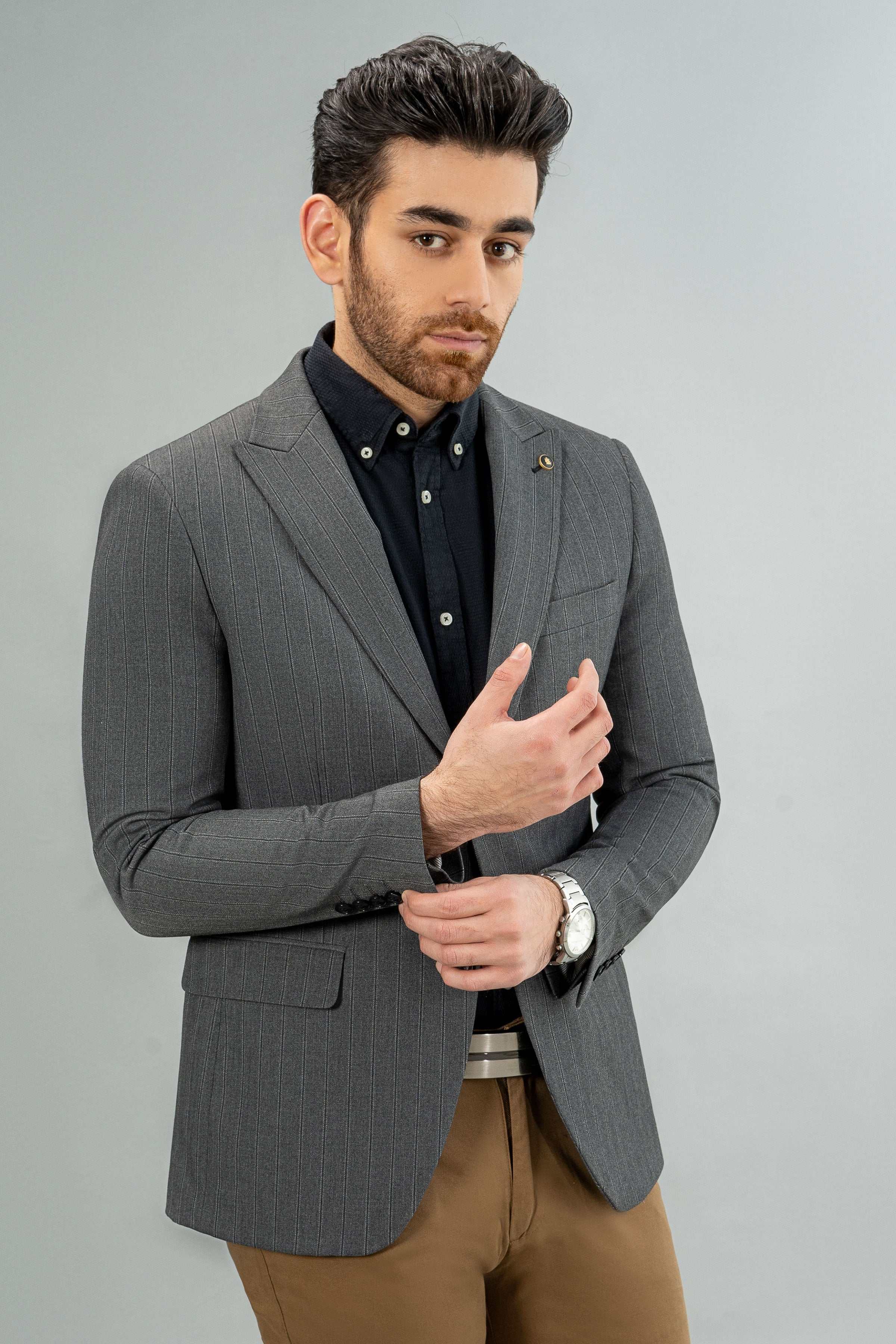 CASUAL COAT GREY STRIPER at Charcoal Clothing