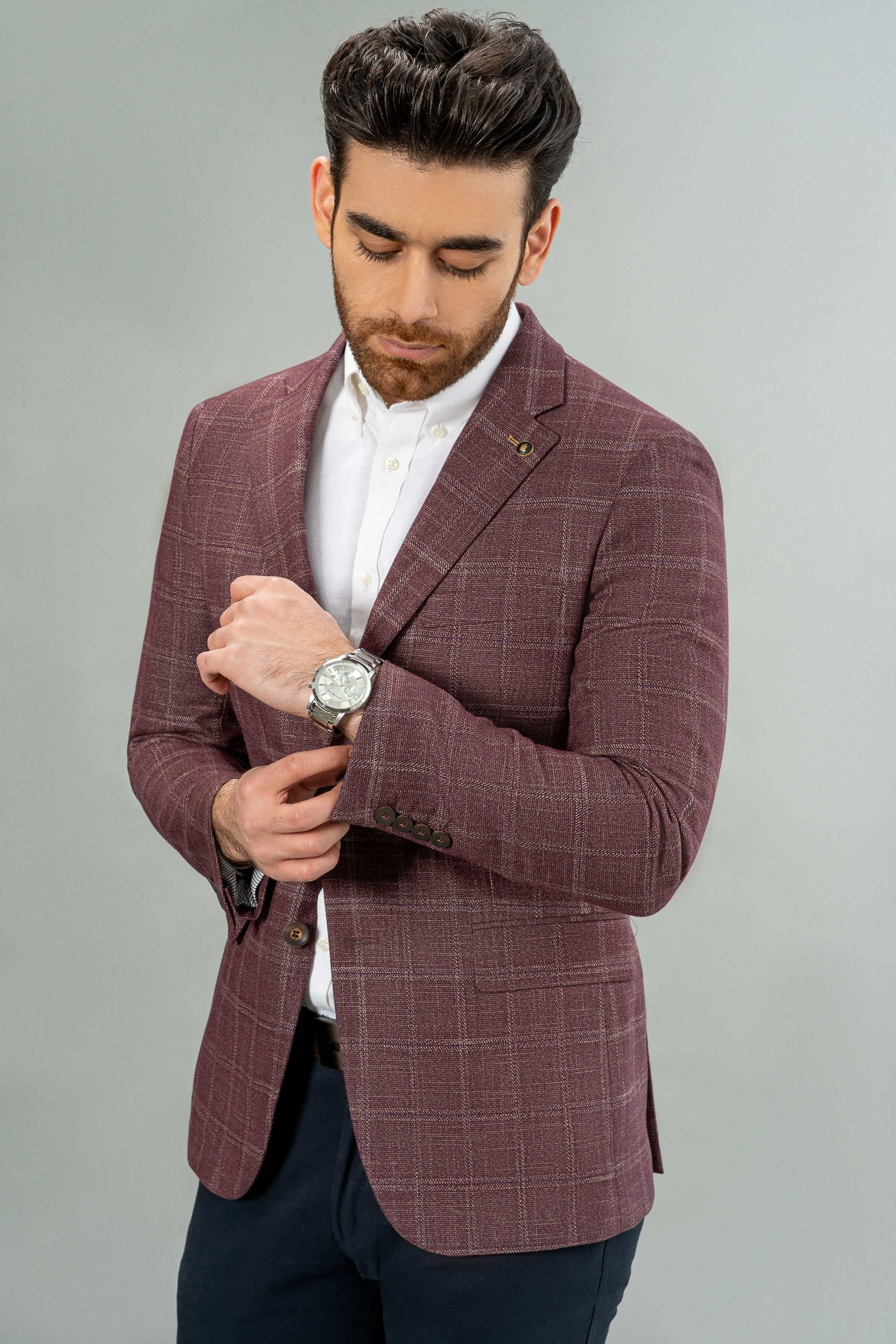 CASUAL COAT MAROON CHECK at Charcoal Clothing