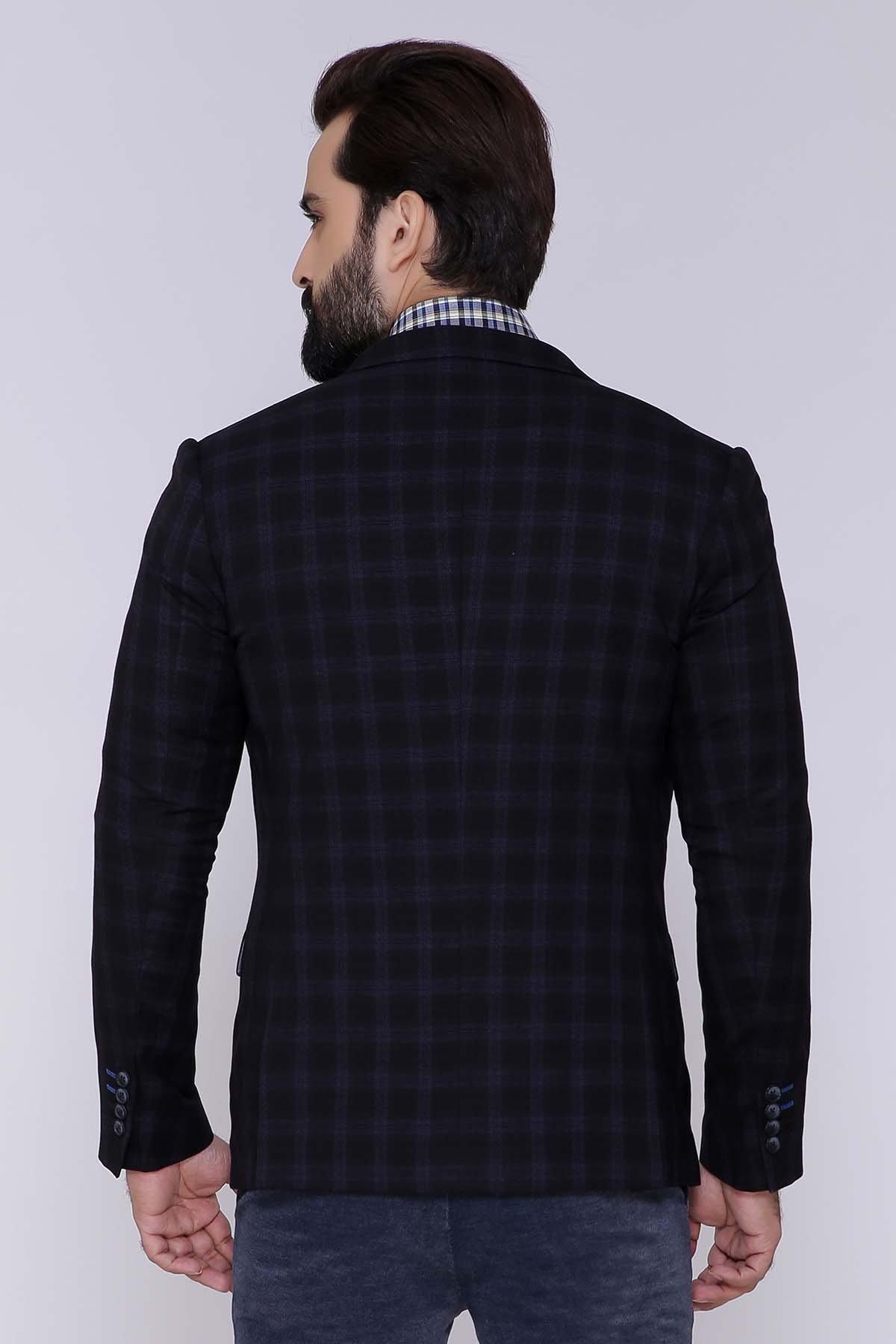 Men's slim-fit coat back view with dark check pattern and shoulder seam