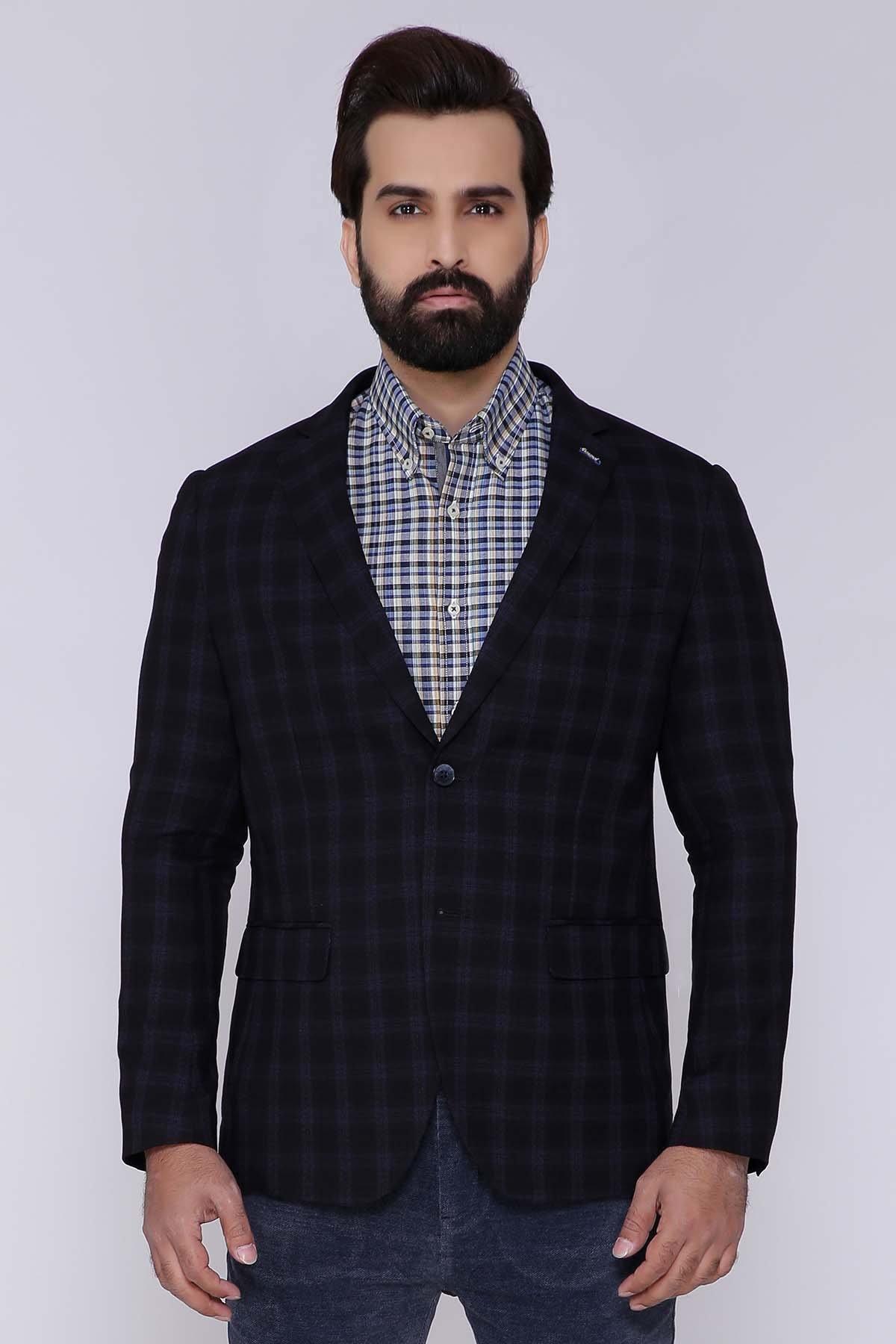 Men's slim-fit coat with dark check pattern and single-breasted front